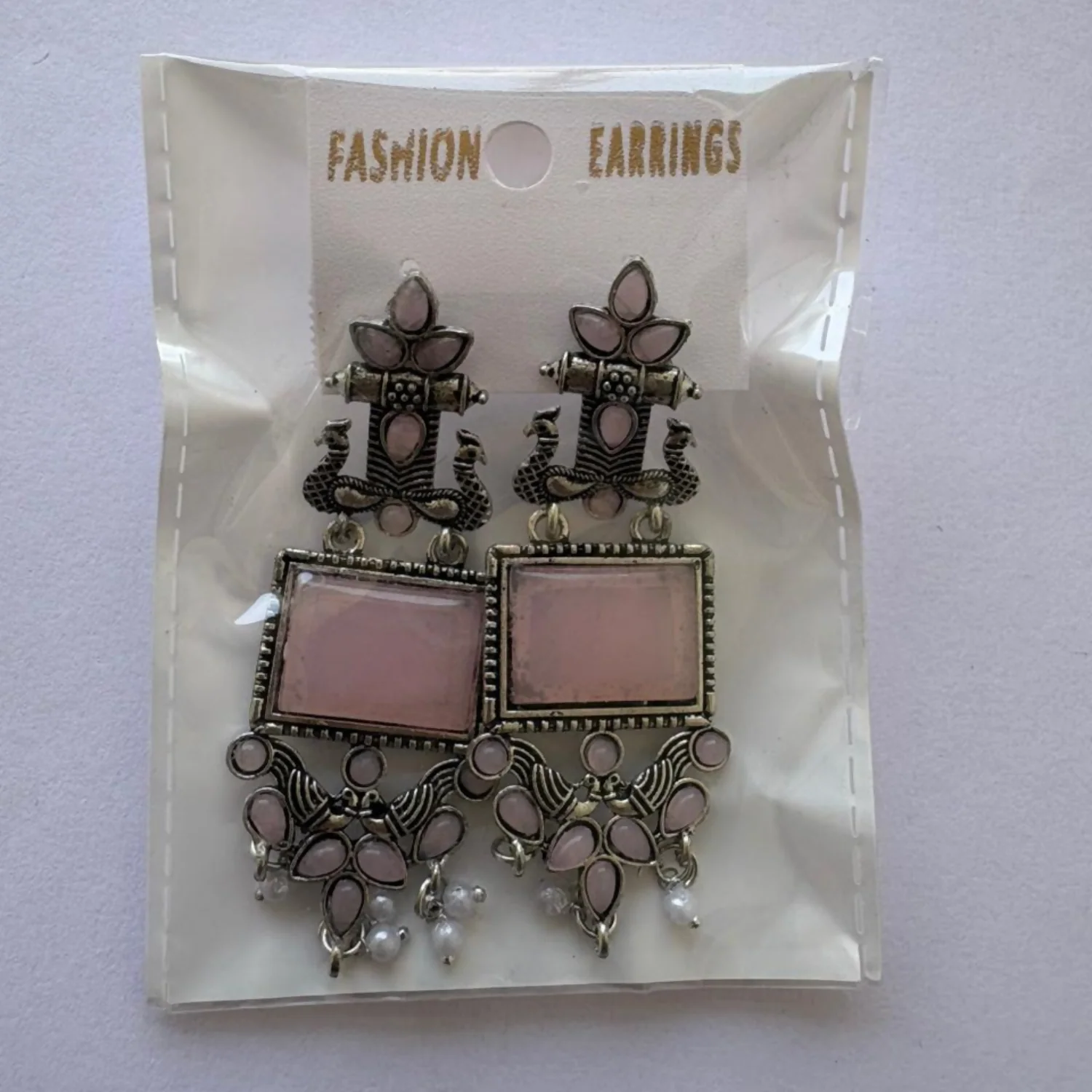Traditional Oxidized Silver Pink Stone Pearl Drop Earrings - Image 5