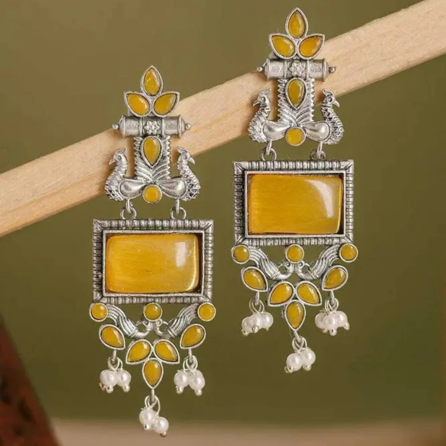 Traditional Oxidized Silver Yellow Stone Pearl Drop Earrings - Image 3