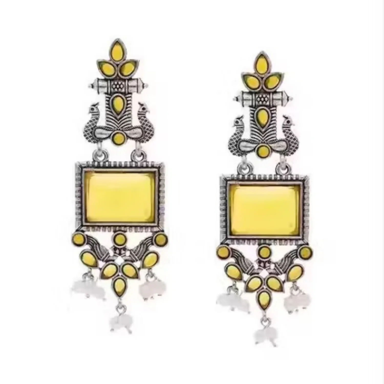 Traditional Oxidized Silver Yellow Stone Pearl Drop Earrings - Image 4