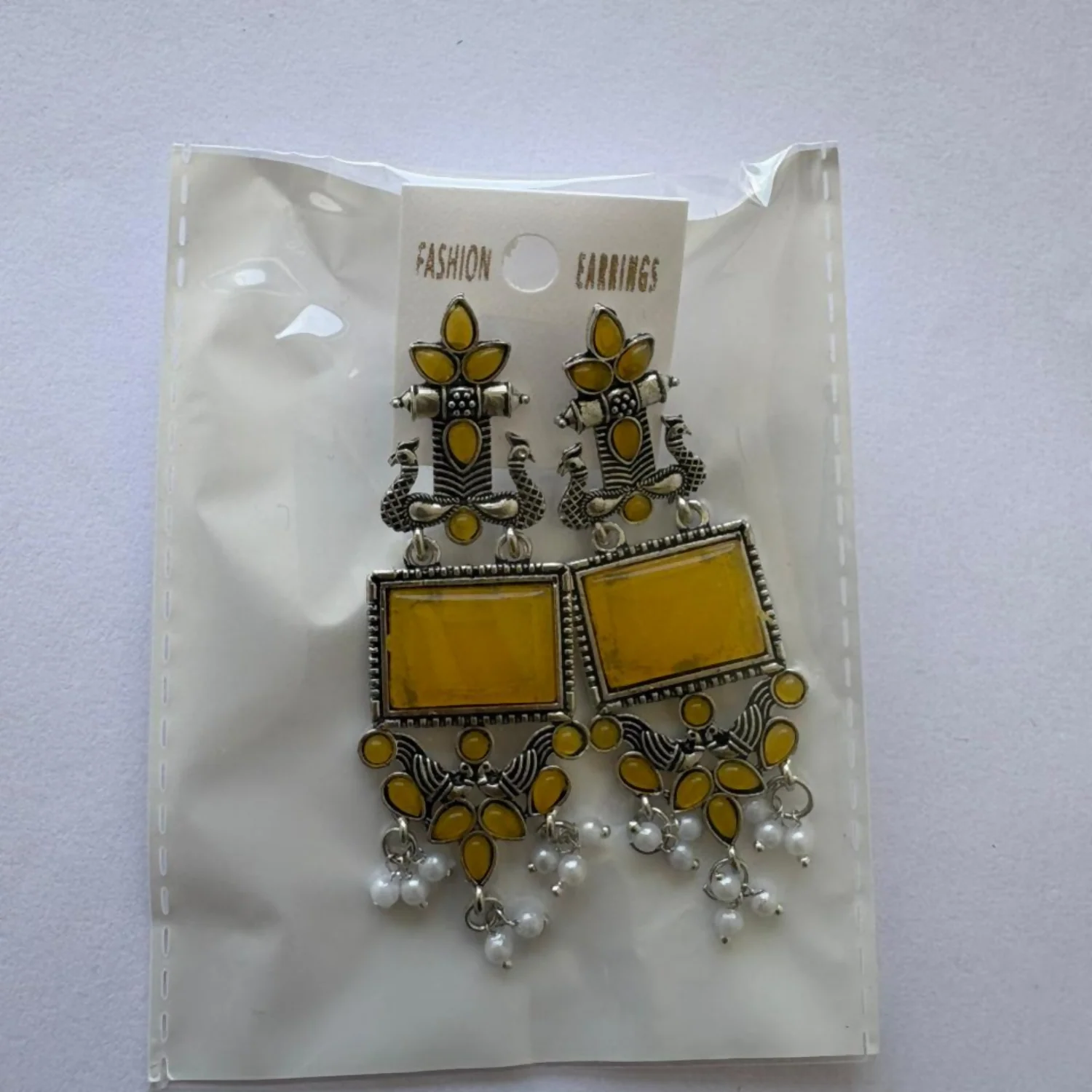 Traditional Oxidized Silver Yellow Stone Pearl Drop Earrings - Image 5