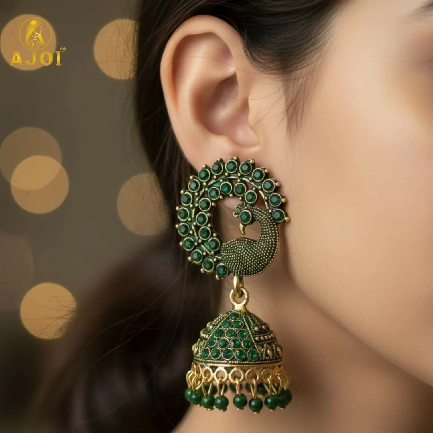 Traditional Peacock Design Green Stone Jhumka Earrings - Image 2