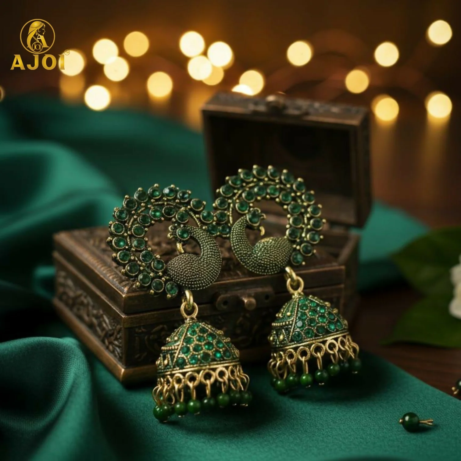 Traditional Peacock Design Green Stone Jhumka Earrings - Image 3