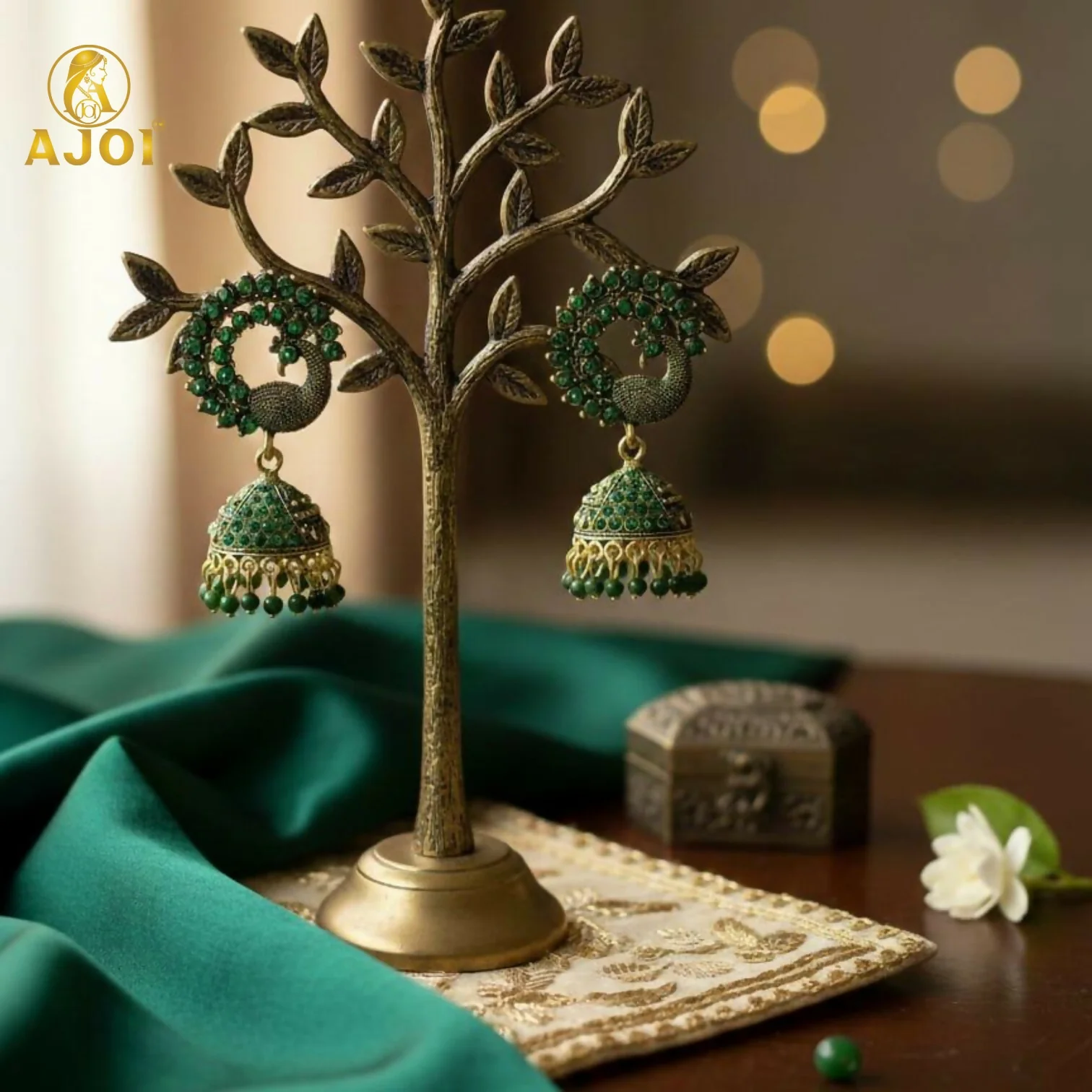 Traditional Peacock Design Green Stone Jhumka Earrings - Image 4