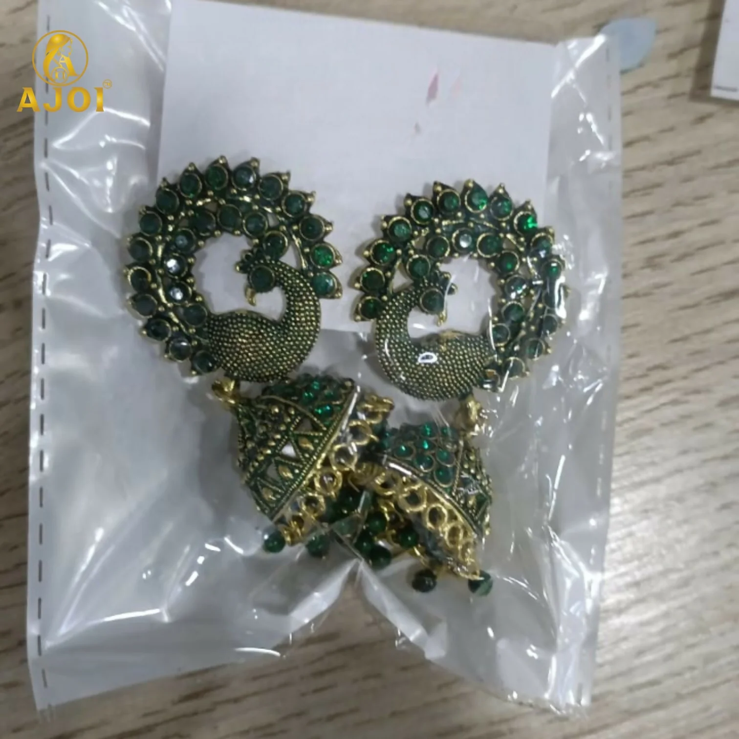 Traditional Peacock Design Green Stone Jhumka Earrings - Image 5