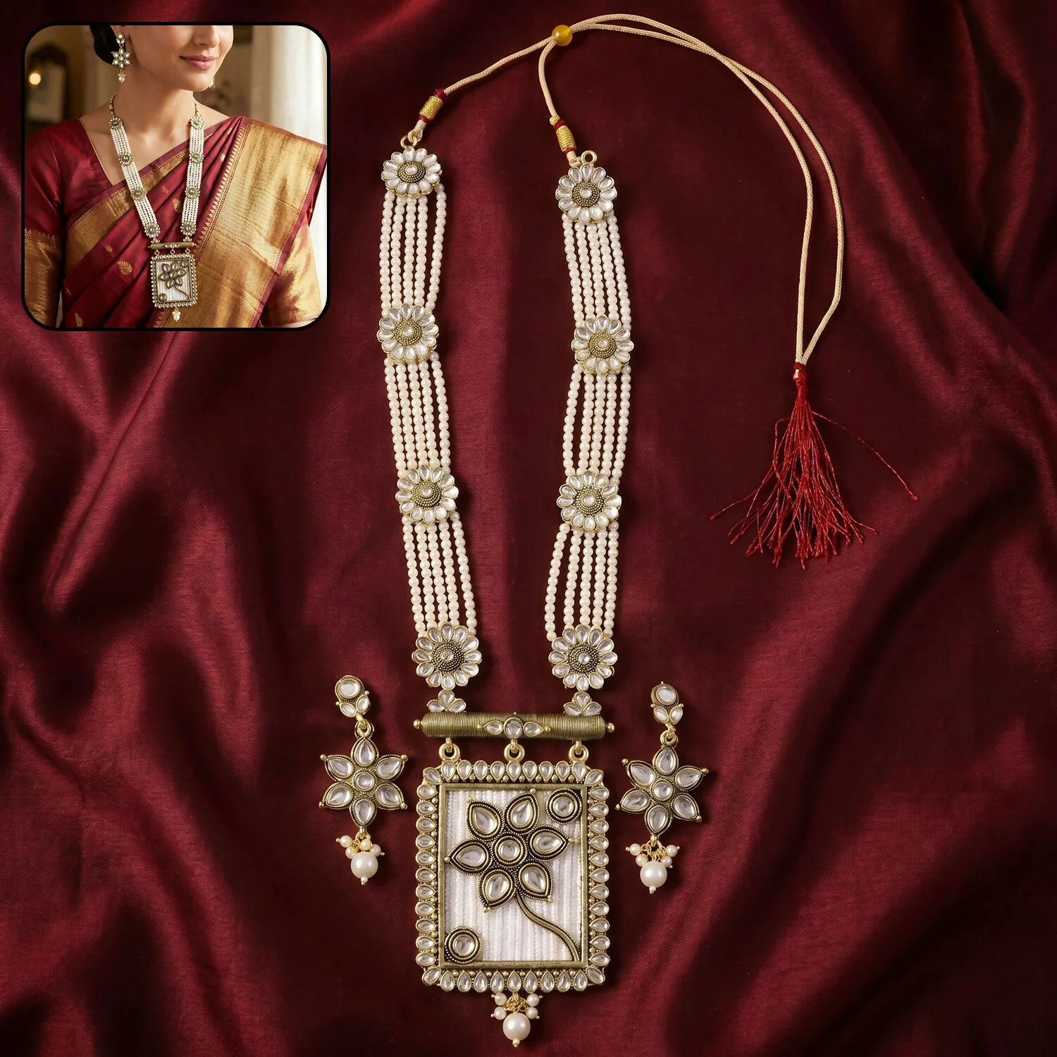 Traditional Pearl and Floral Necklace Set with Matching Earrings for Festive Occasions