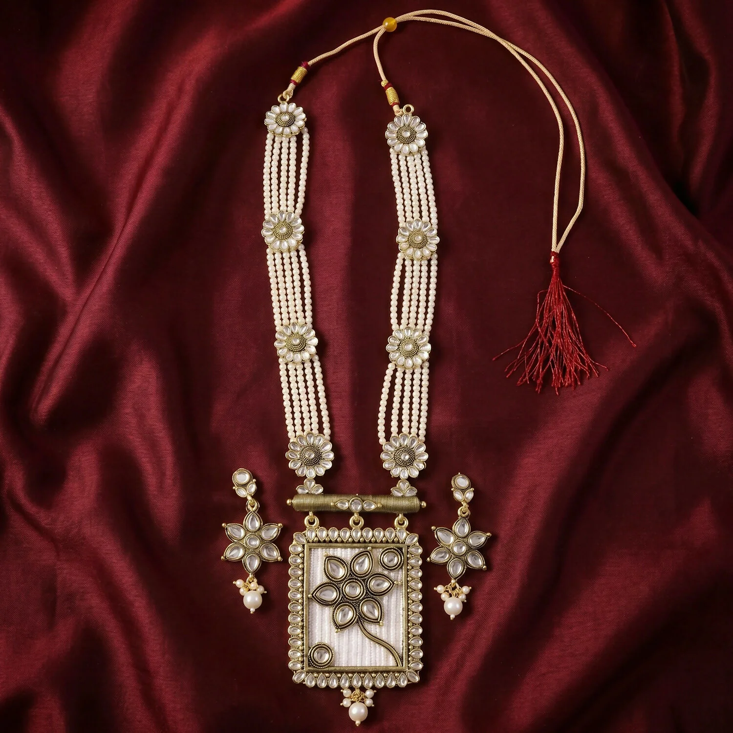 Traditional Pearl and Floral Necklace Set with Matching Earrings for Festive Occasions - Image 2