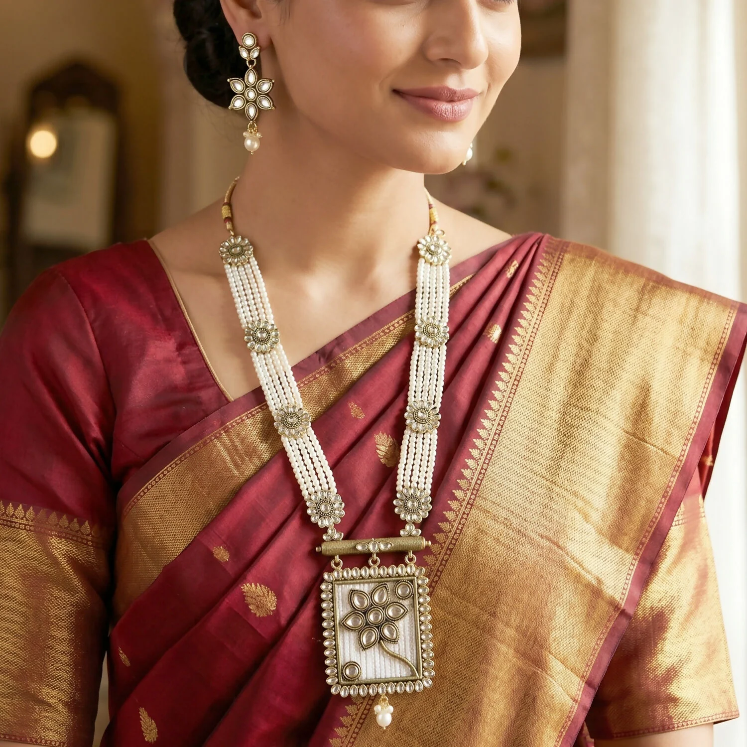 Traditional Pearl and Floral Necklace Set with Matching Earrings for Festive Occasions - Image 3