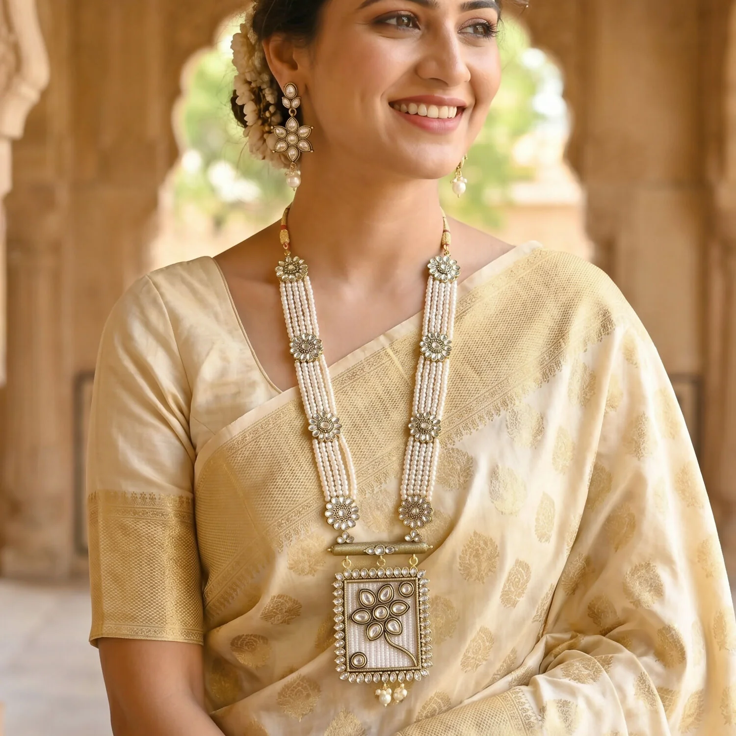Traditional Pearl and Floral Necklace Set with Matching Earrings for Festive Occasions - Image 5