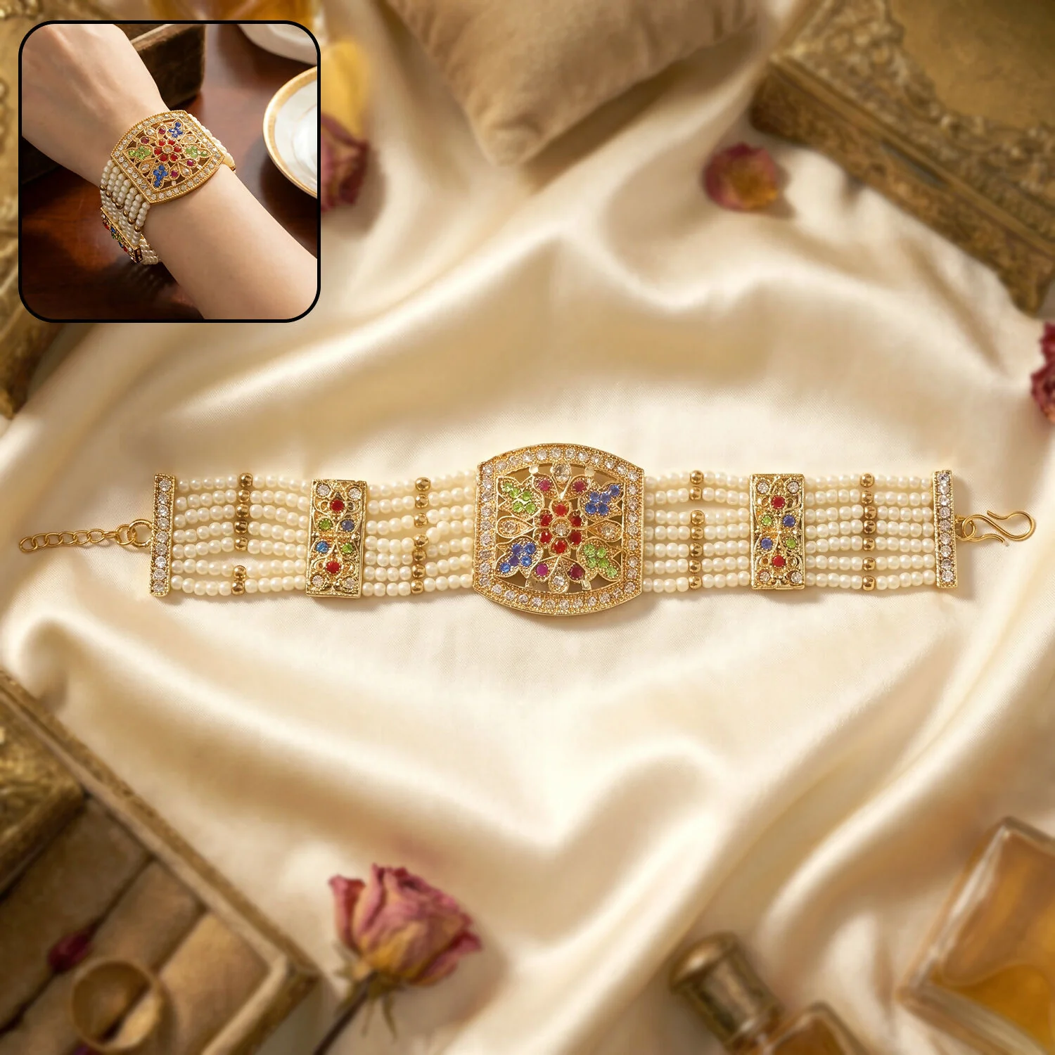 Traditional Pearl Bracelet with Intricate Gold Design and Multi-Colored Stones