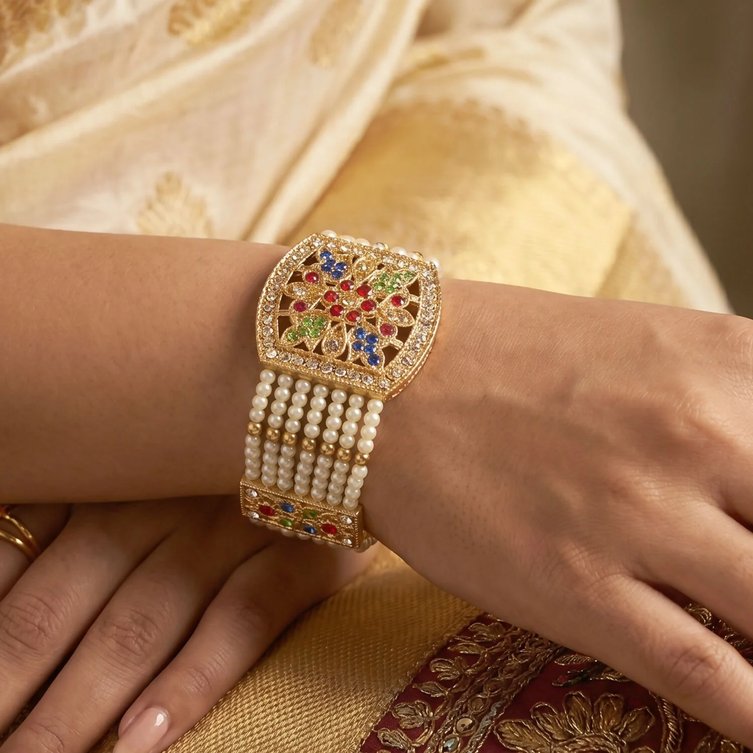 Traditional Pearl Bracelet with Intricate Gold Design and Multi-Colored Stones - Image 3