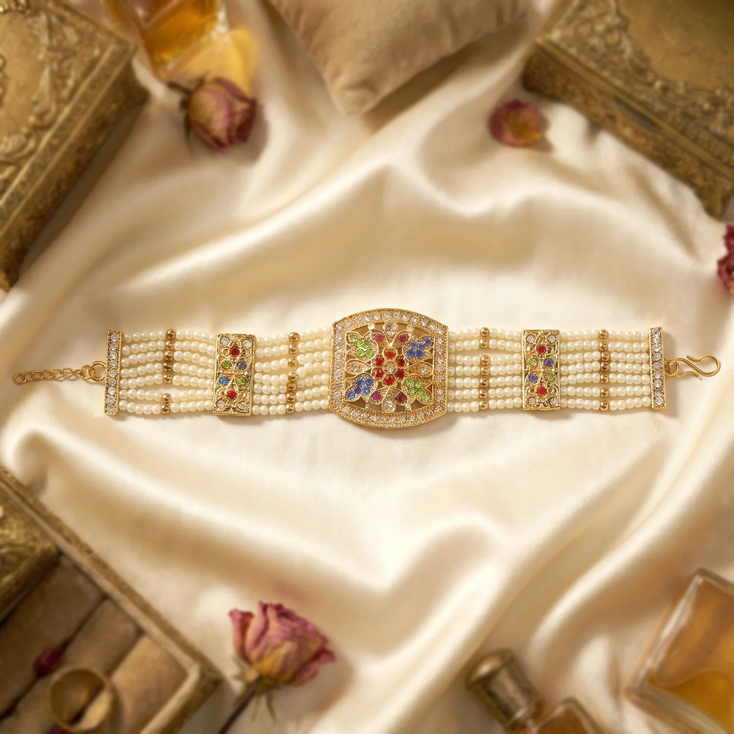 Traditional Pearl Bracelet with Intricate Gold Design and Multi-Colored Stones - Image 4