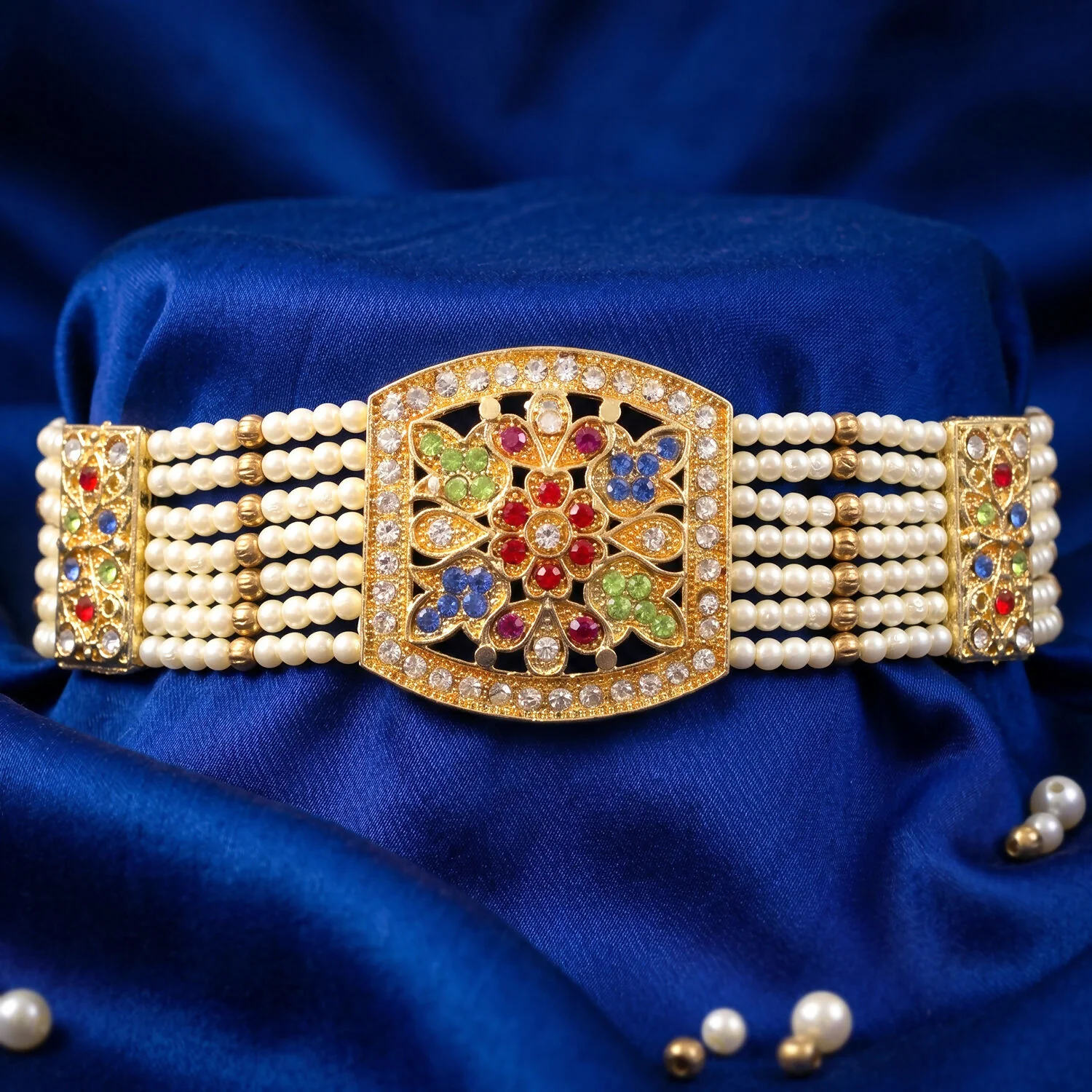 Traditional Pearl Bracelet with Intricate Gold Design and Multi-Colored Stones - Image 5