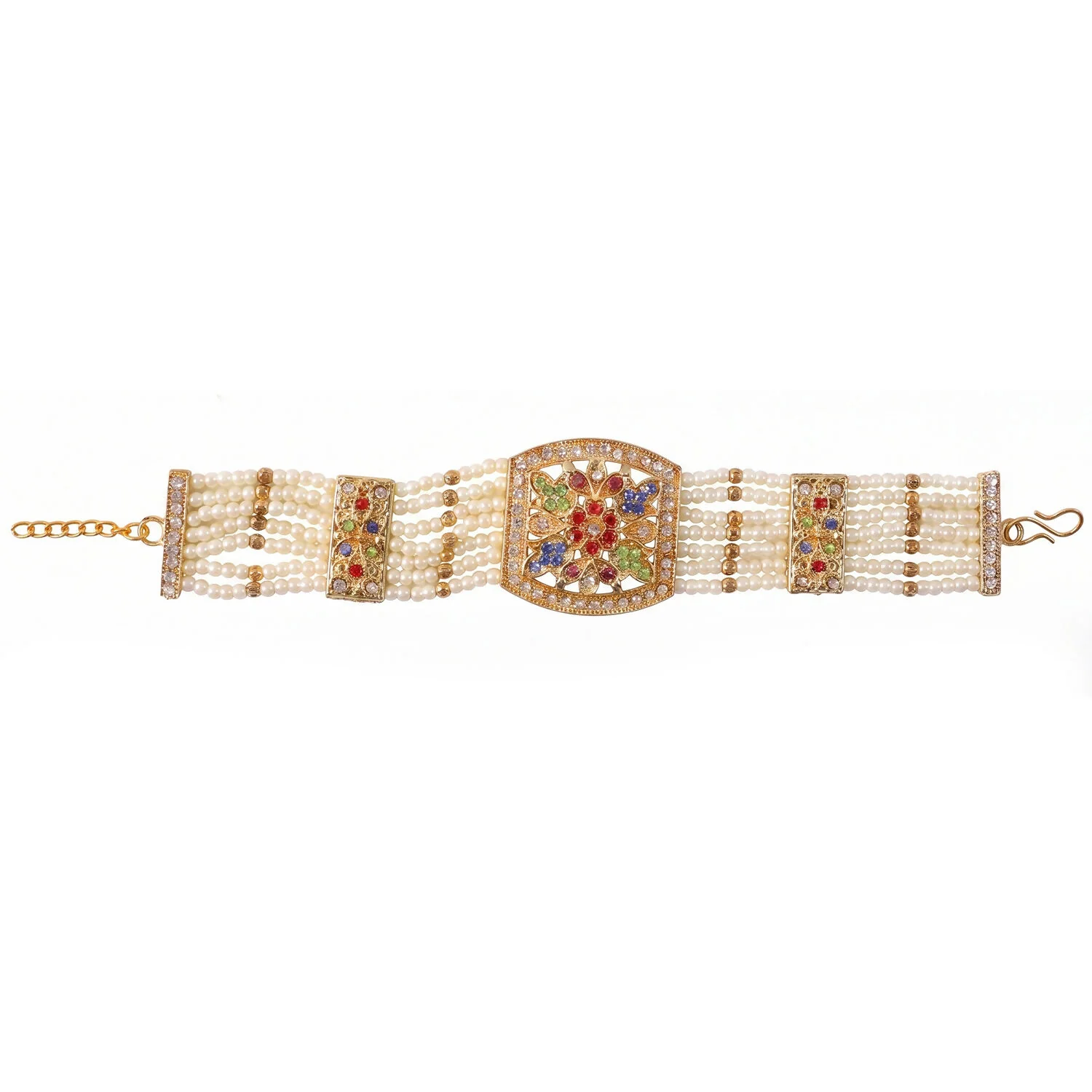 Traditional Pearl Bracelet with Intricate Gold Design and Multi-Colored Stones - Image 6