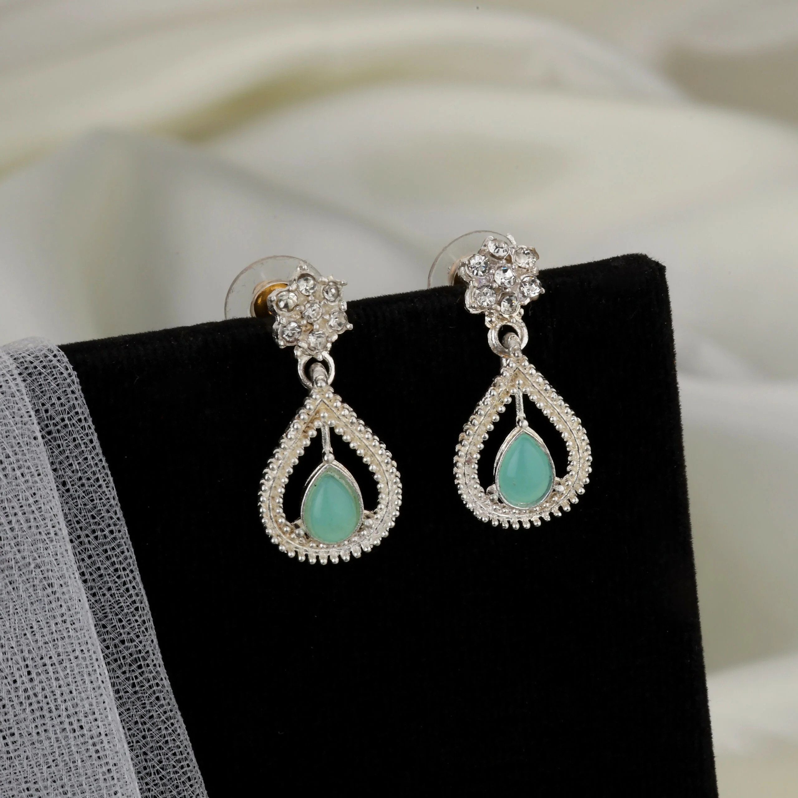 Traditional Pearl Chain with Mint-Green & AD Drop Necklace Set - Image 2