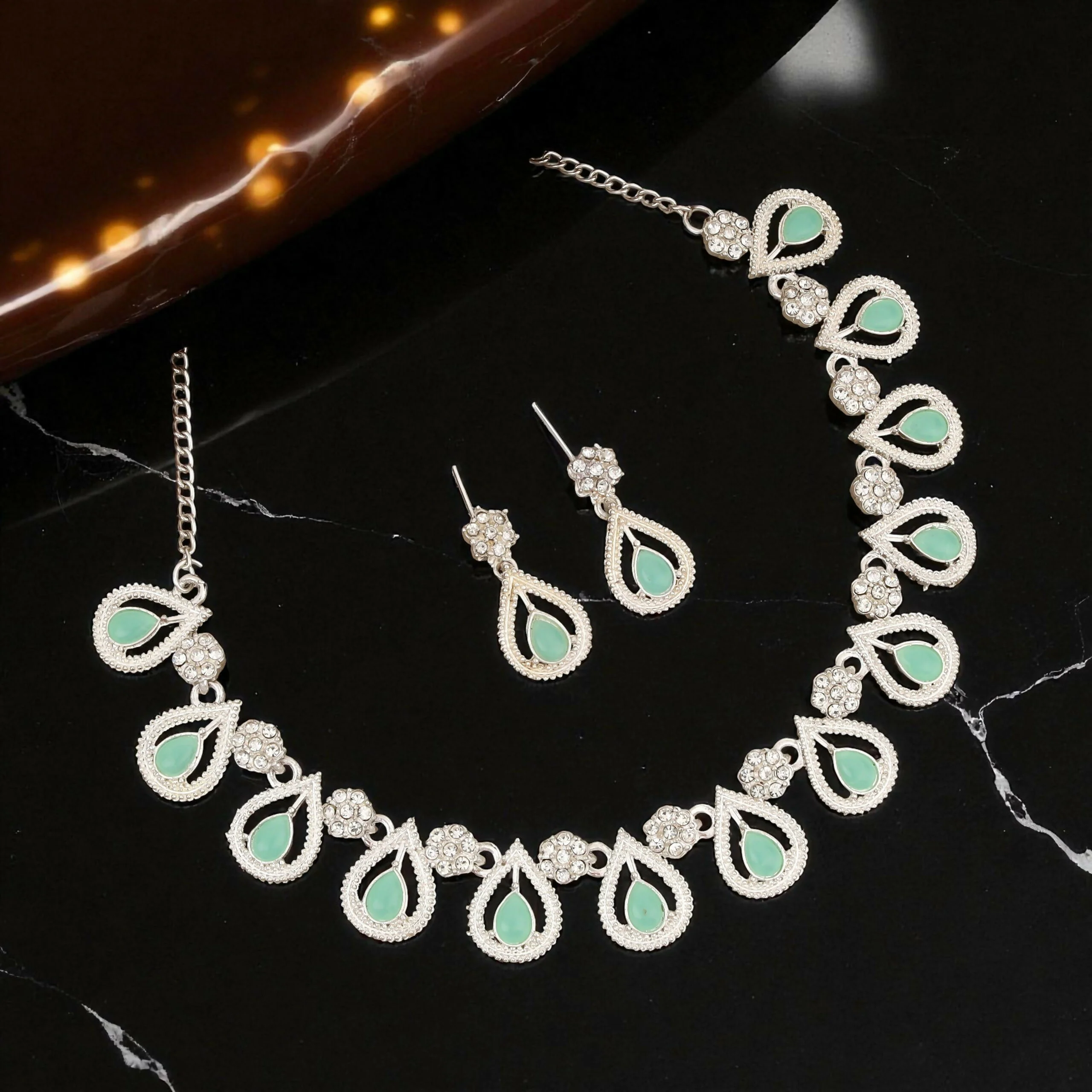 Traditional Pearl Chain with Mint-Green & AD Drop Necklace Set - Image 3