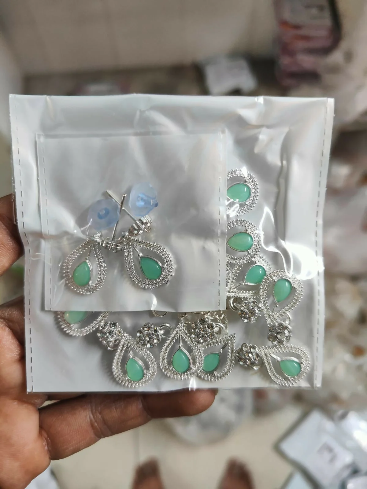 Traditional Pearl Chain with Mint-Green & AD Drop Necklace Set - Image 5