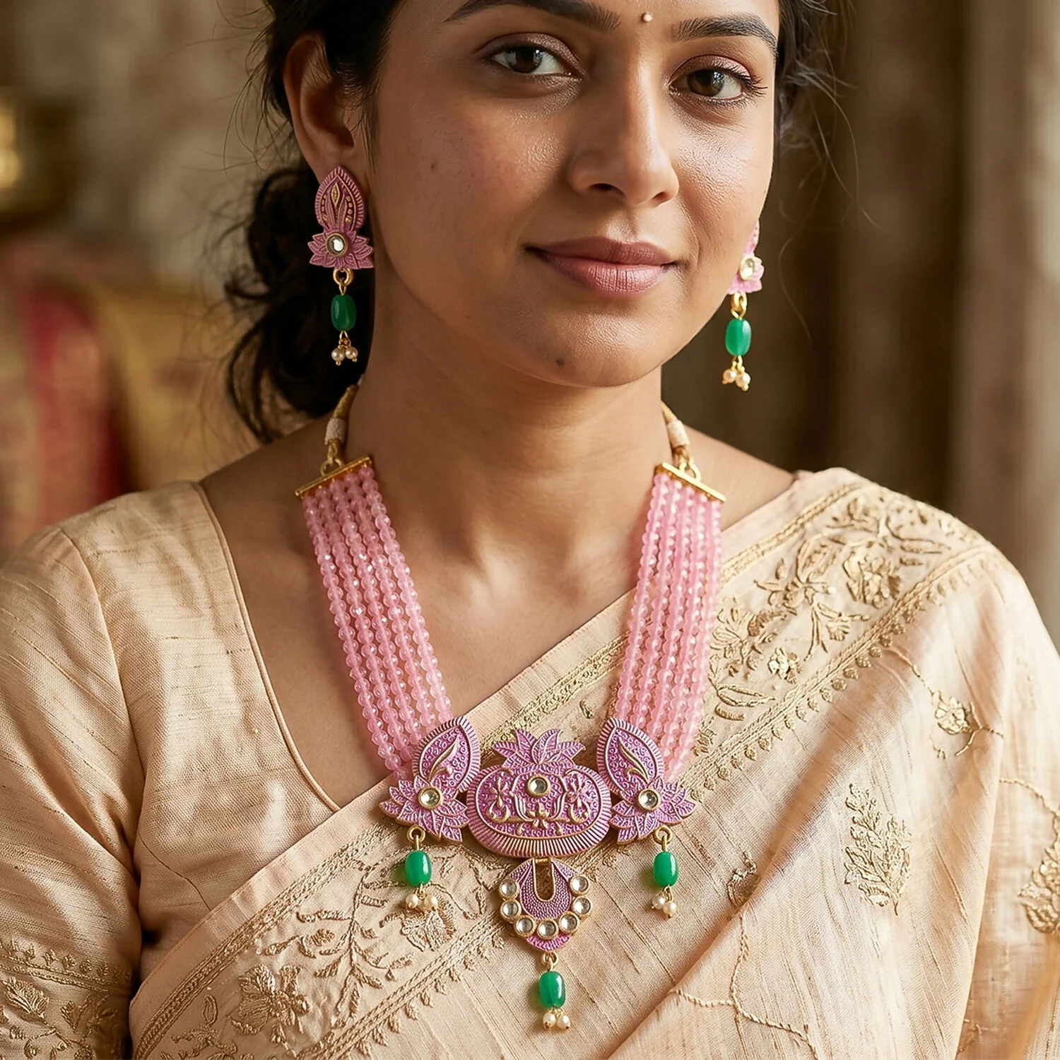 Traditional Pink Beaded Designer Necklace Set with Earrings Ethnic Adjustable Thread Jewelry Set - Image 2