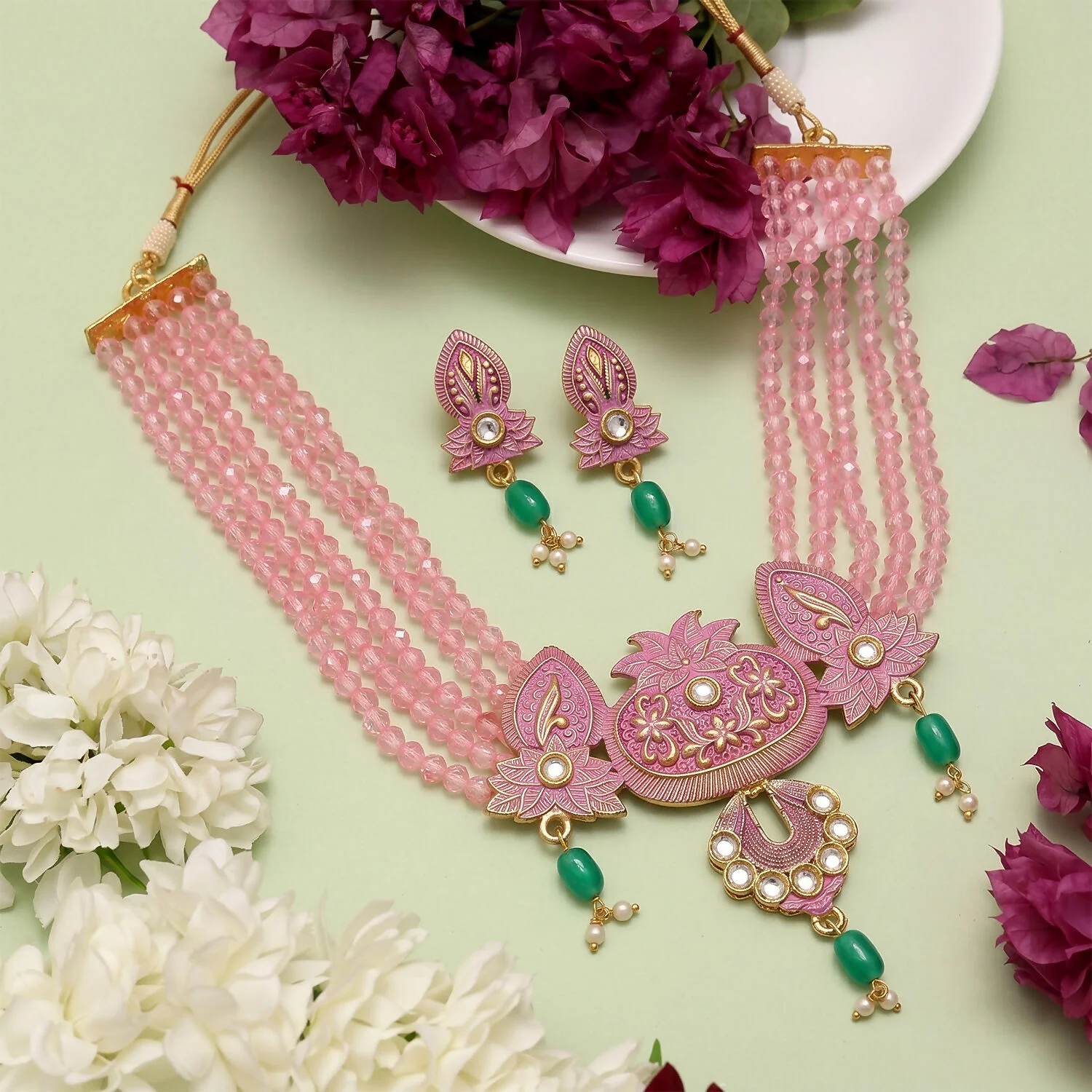 Traditional Pink Beaded Designer Necklace Set with Earrings Ethnic Adjustable Thread Jewelry Set - Image 3