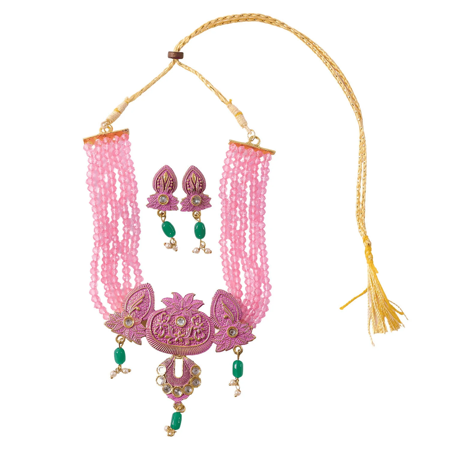 Traditional Pink Beaded Designer Necklace Set with Earrings Ethnic Adjustable Thread Jewelry Set - Image 5