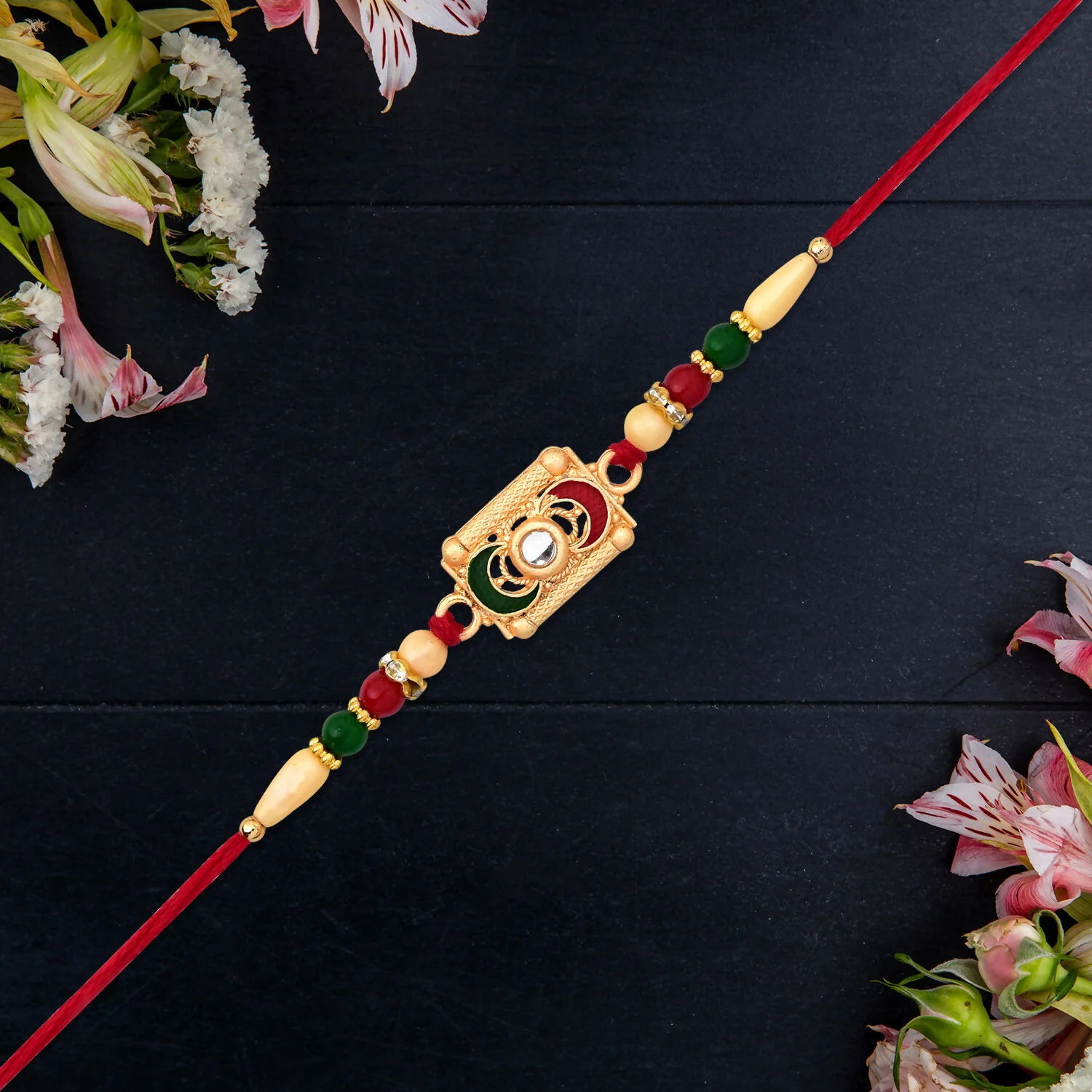 Traditional Rectangular Meenakari Rakhi with Red-Green Beads – Elegant Festive Rakhi for Brother - Image 3