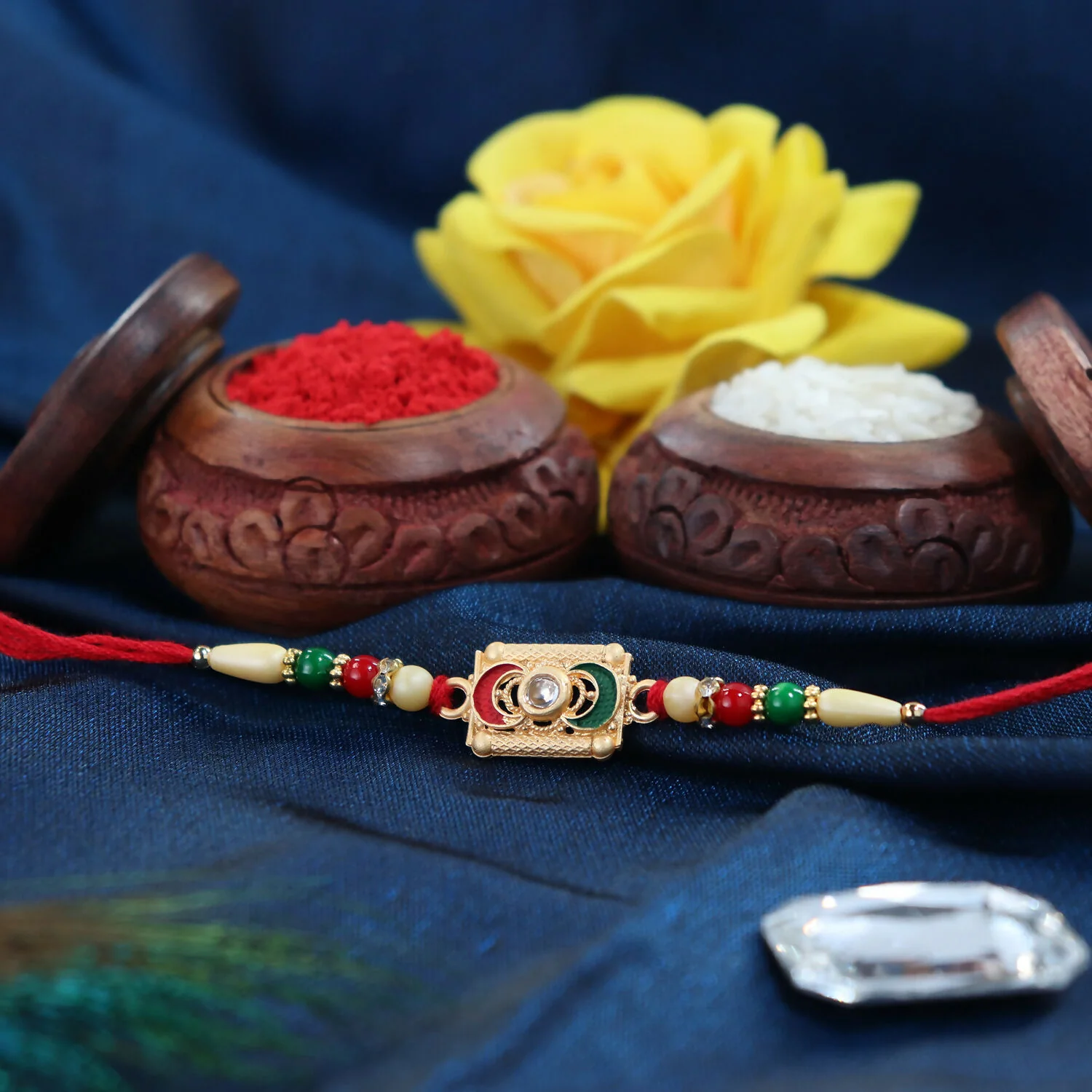 Traditional Rectangular Meenakari Rakhi with Red-Green Beads – Elegant Festive Rakhi for Brother - Image 4
