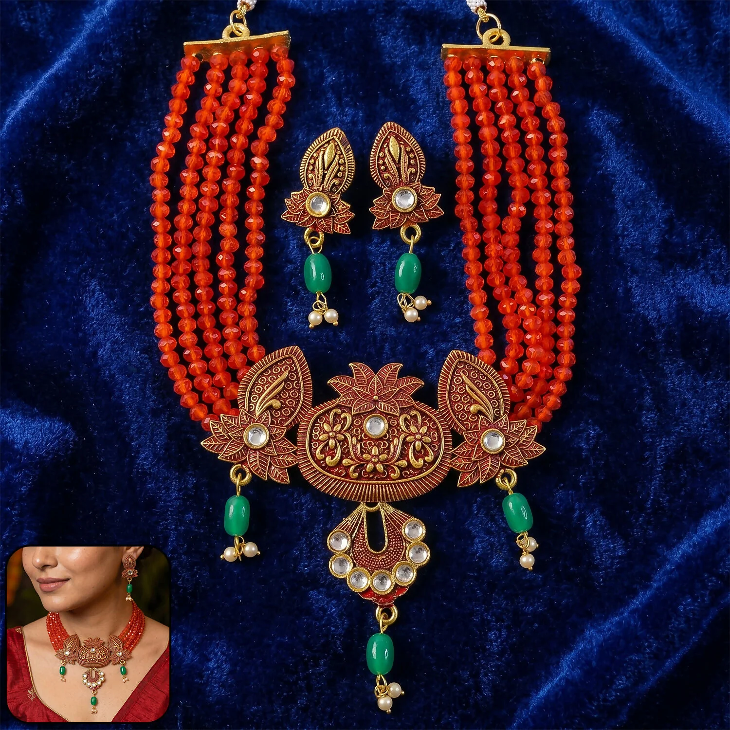 Traditional Red Beaded Designer Necklace Set with Earrings Ethnic Adjustable Thread Jewelry Set