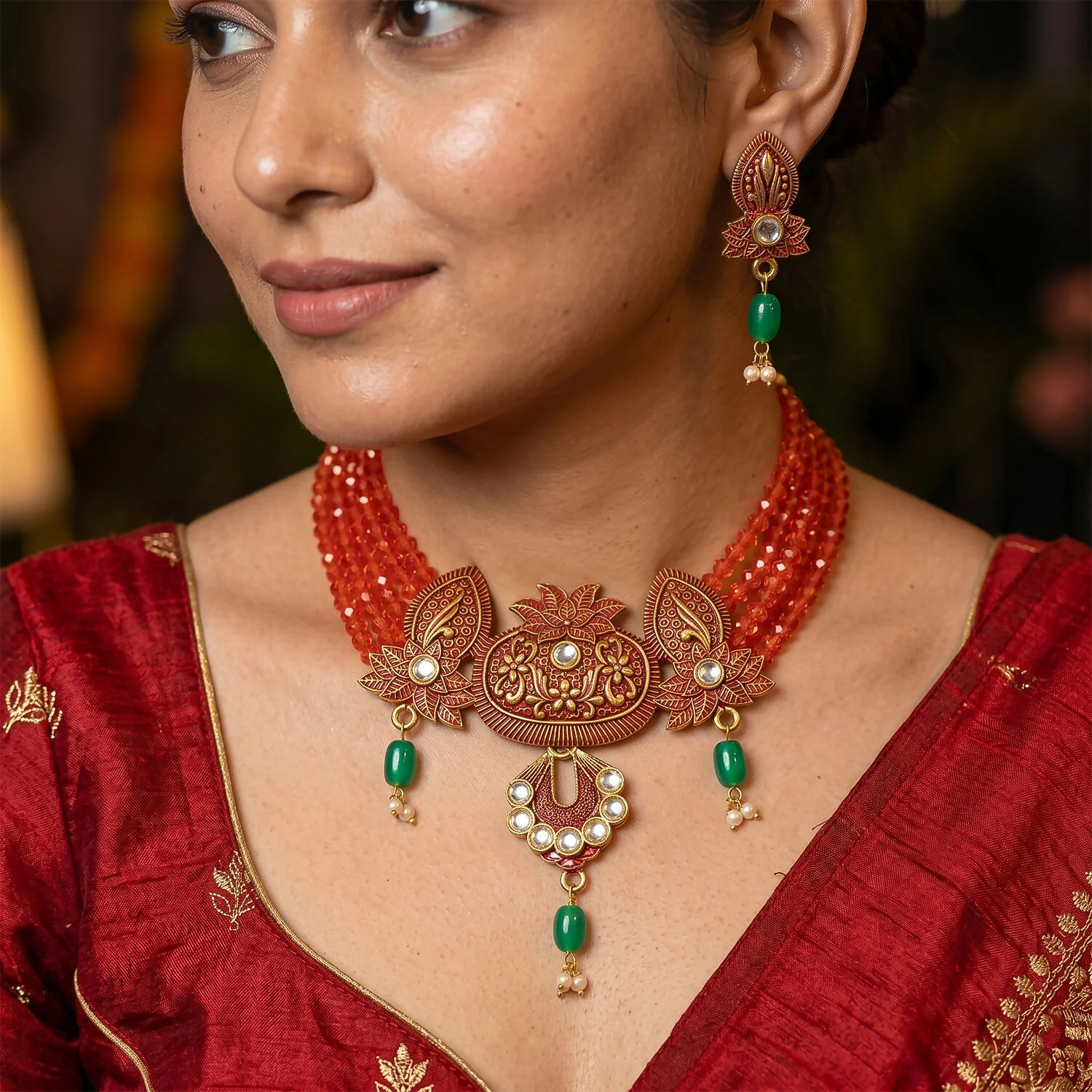 Traditional Red Beaded Designer Necklace Set with Earrings Ethnic Adjustable Thread Jewelry Set - Image 2