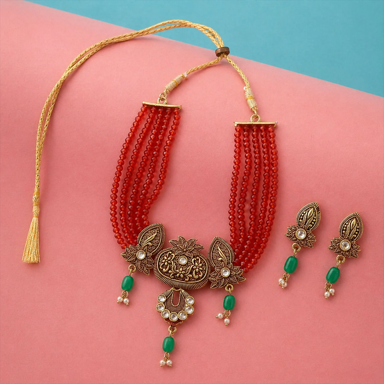 Traditional Red Beaded Designer Necklace Set with Earrings Ethnic Adjustable Thread Jewelry Set - Image 3