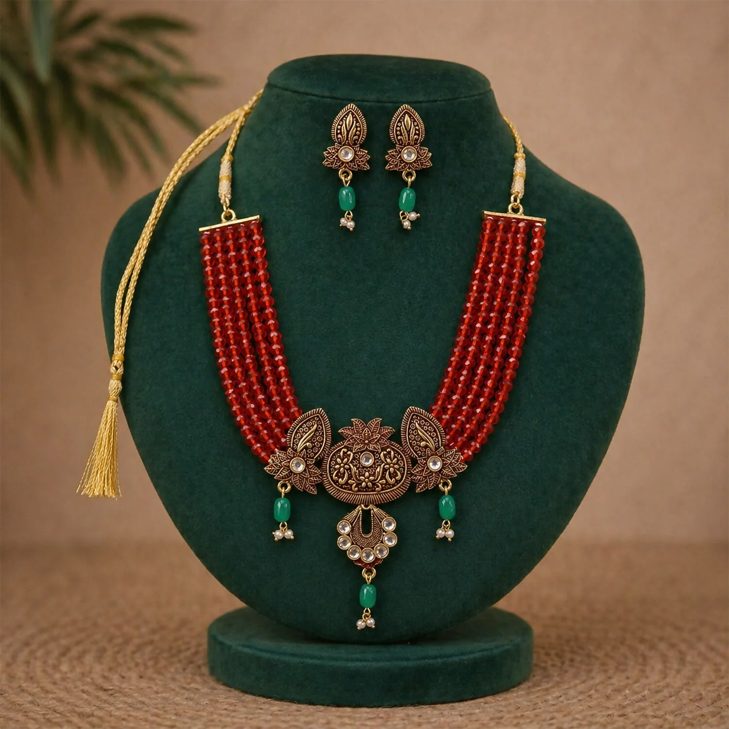 Traditional Red Beaded Designer Necklace Set with Earrings Ethnic Adjustable Thread Jewelry Set - Image 4