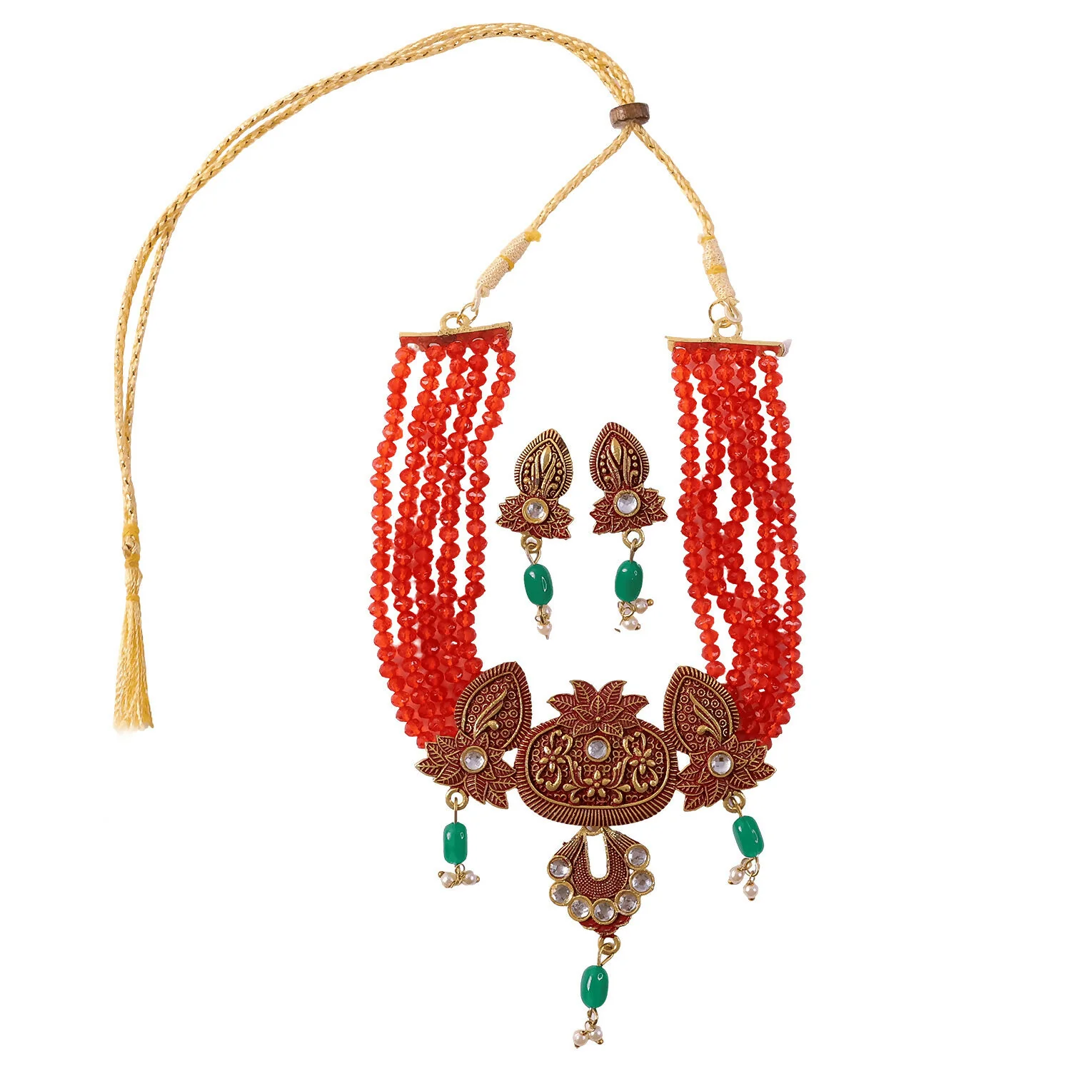 Traditional Red Beaded Designer Necklace Set with Earrings Ethnic Adjustable Thread Jewelry Set - Image 5
