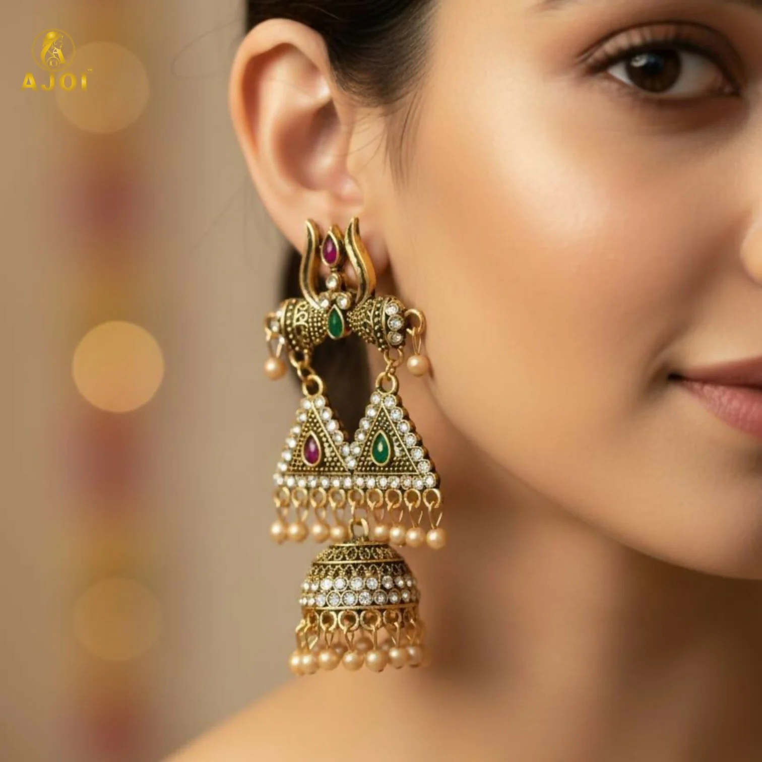 Traditional Shiv Trishul Design Antique Gold Jhumka Earrings with Stone Work - Image 2