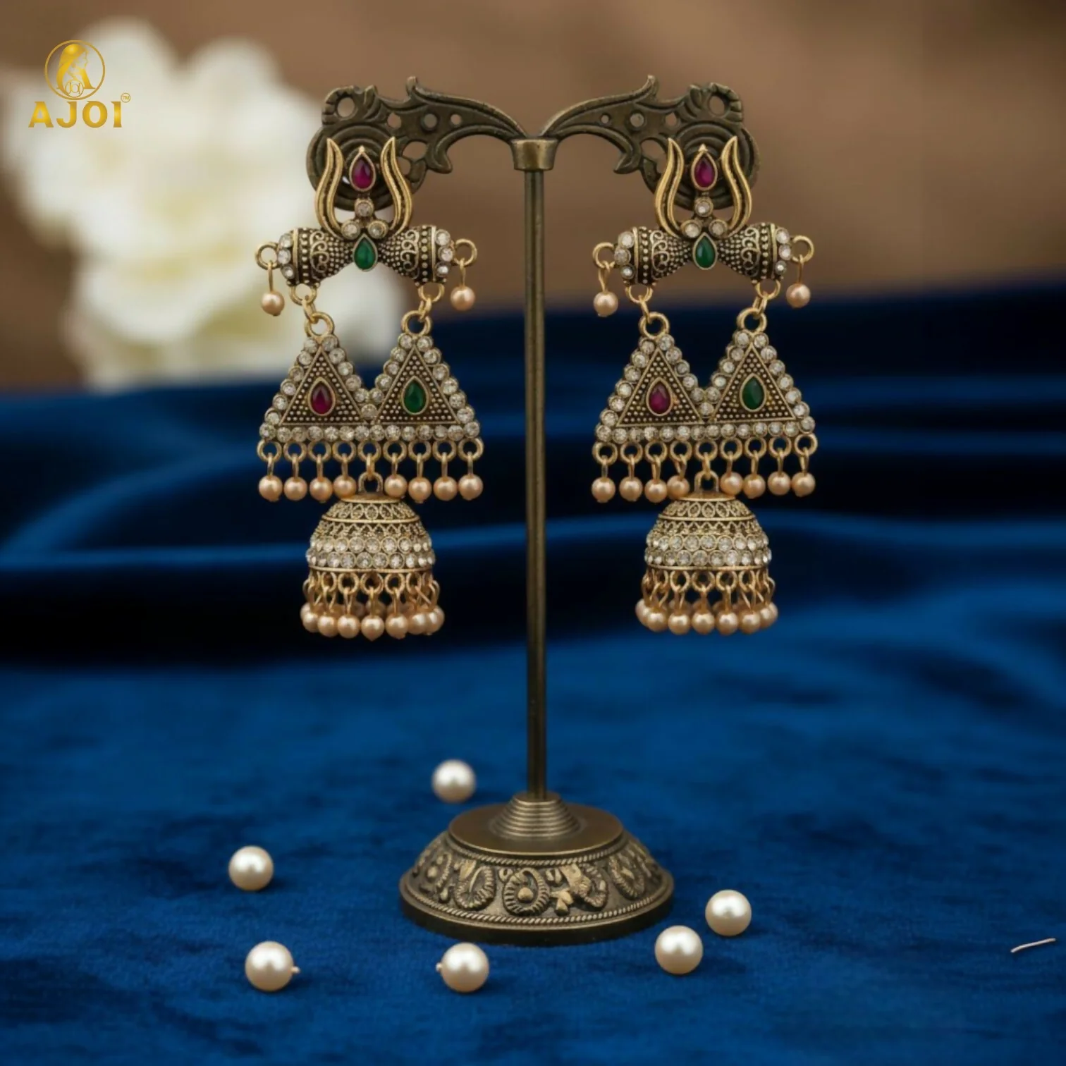 Traditional Shiv Trishul Design Antique Gold Jhumka Earrings with Stone Work - Image 3