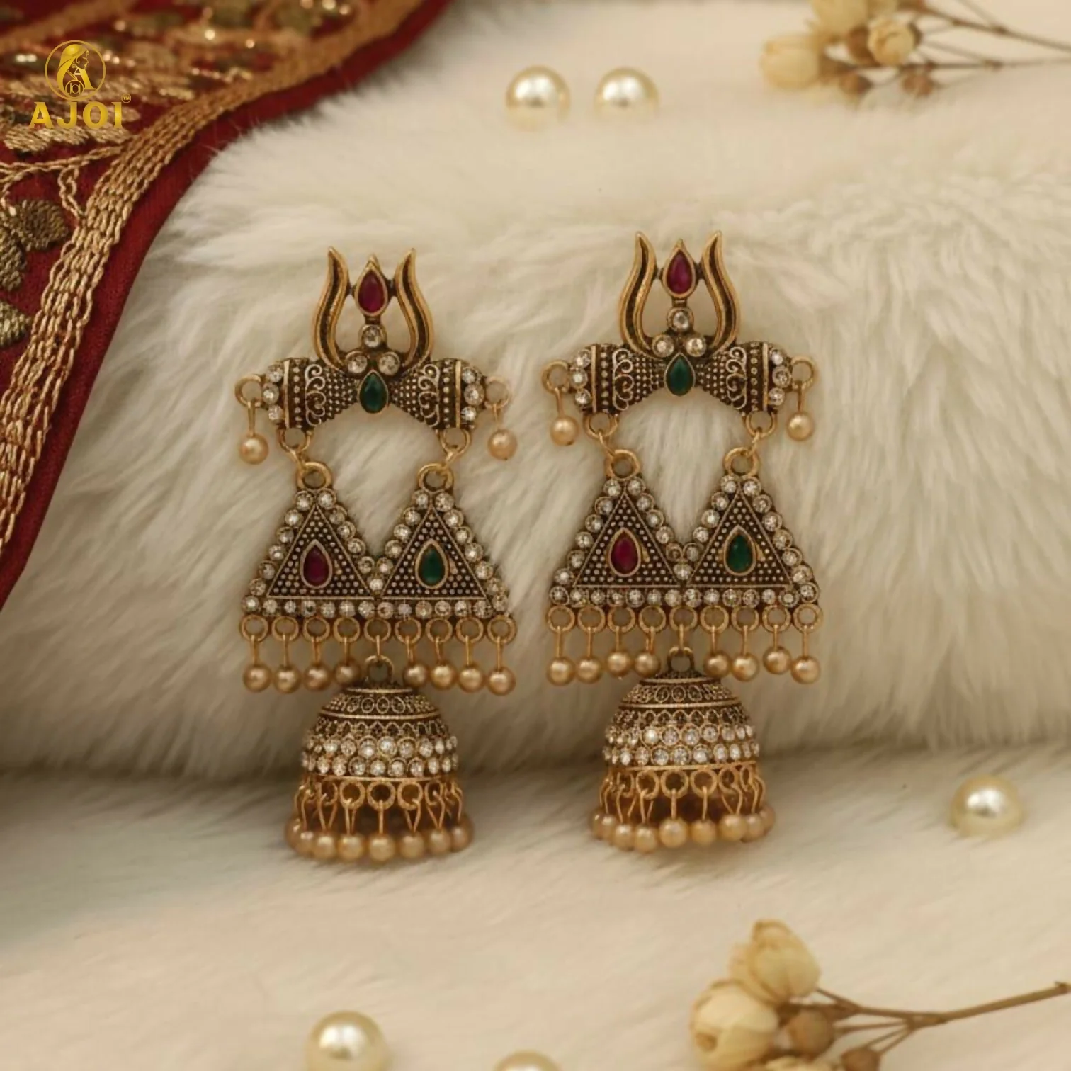 Traditional Shiv Trishul Design Antique Gold Jhumka Earrings with Stone Work - Image 4