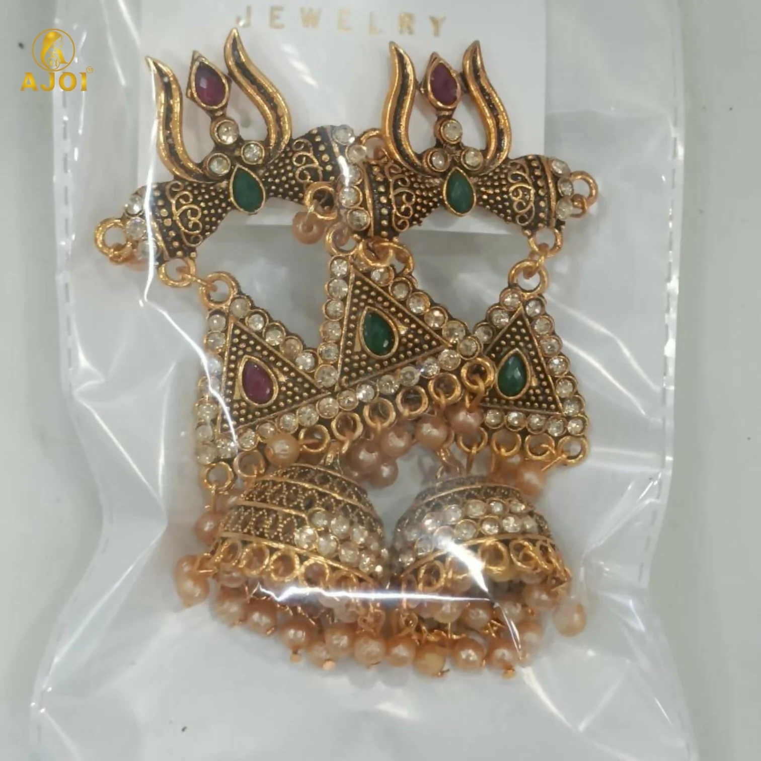 Traditional Shiv Trishul Design Antique Gold Jhumka Earrings with Stone Work - Image 5