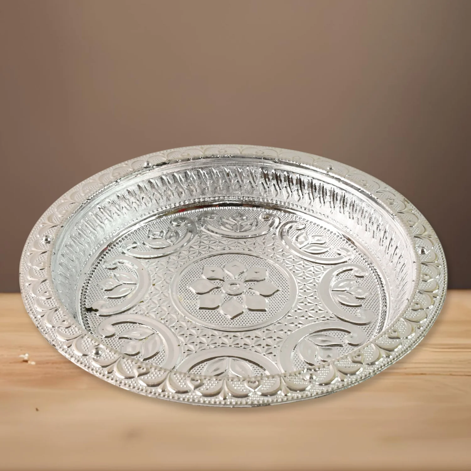 Traditional Silver Finish Plastic Pooja Thali (1 Pc) - Image 4