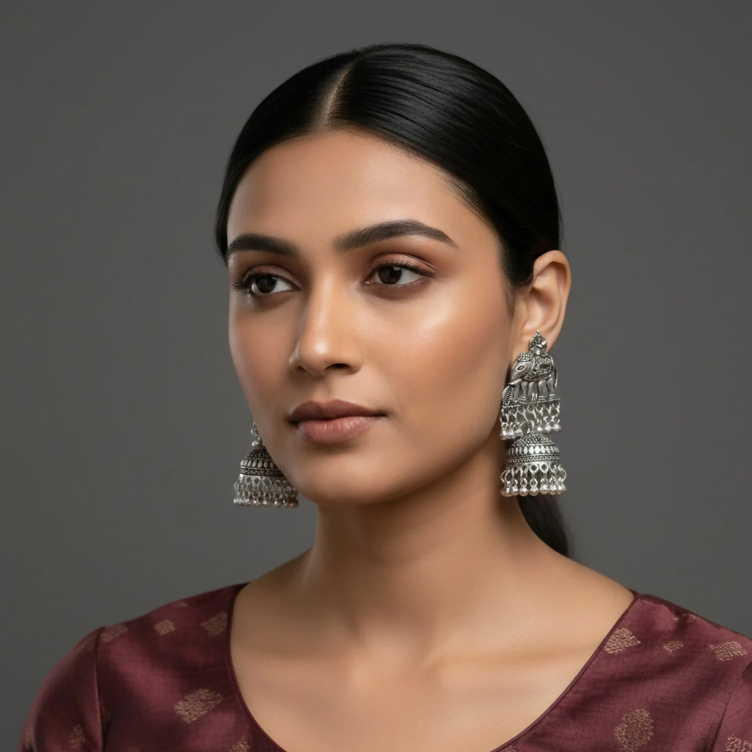 Traditional Silver Look Elephant Jhumka Earrings - Image 2