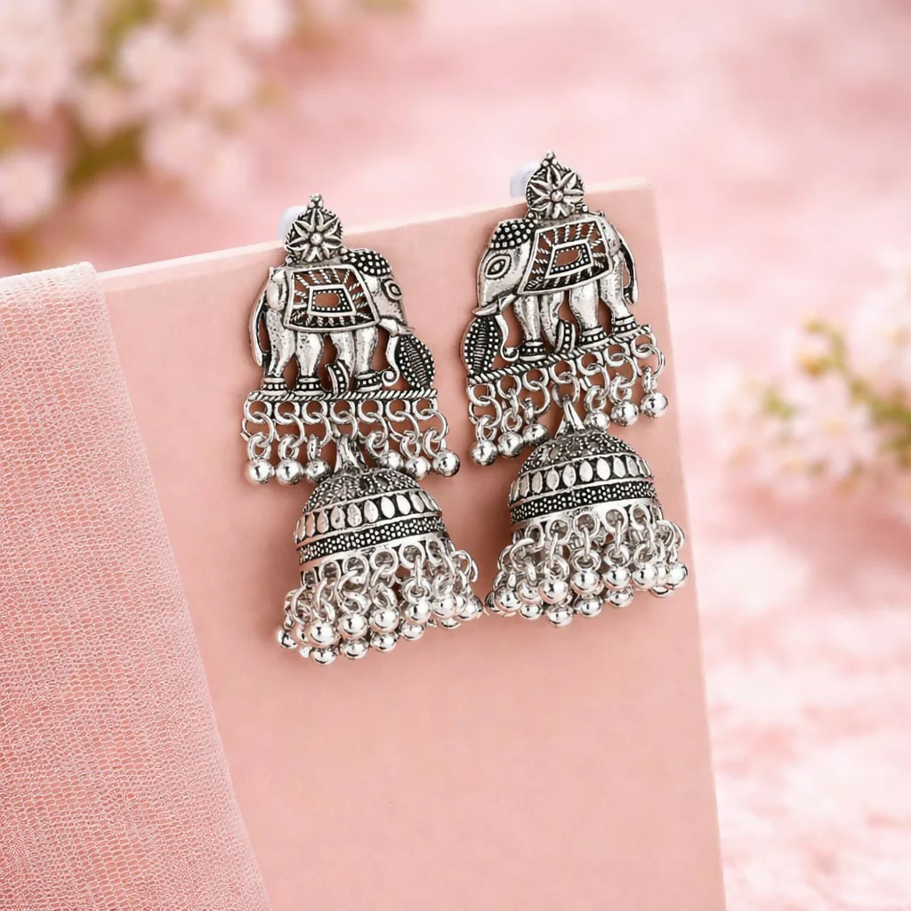 Traditional Silver Look Elephant Jhumka Earrings - Image 3