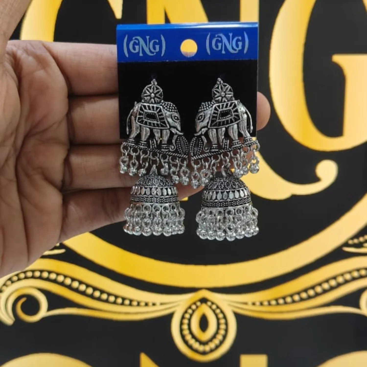 Traditional Silver Look Elephant Jhumka Earrings - Image 4