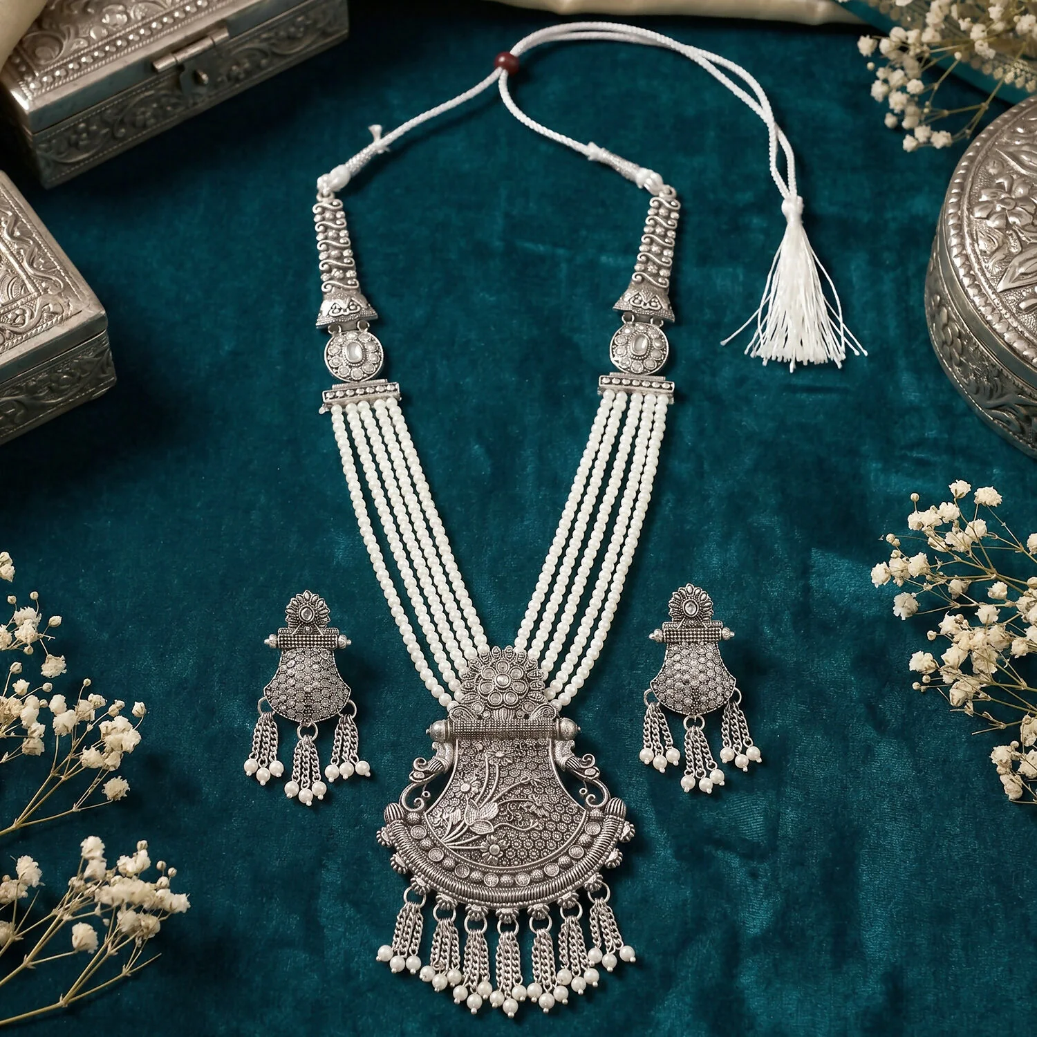 Traditional Silver Necklace with Ornate Pendant and Matching Earrings for Ethnic Wear - Image 2