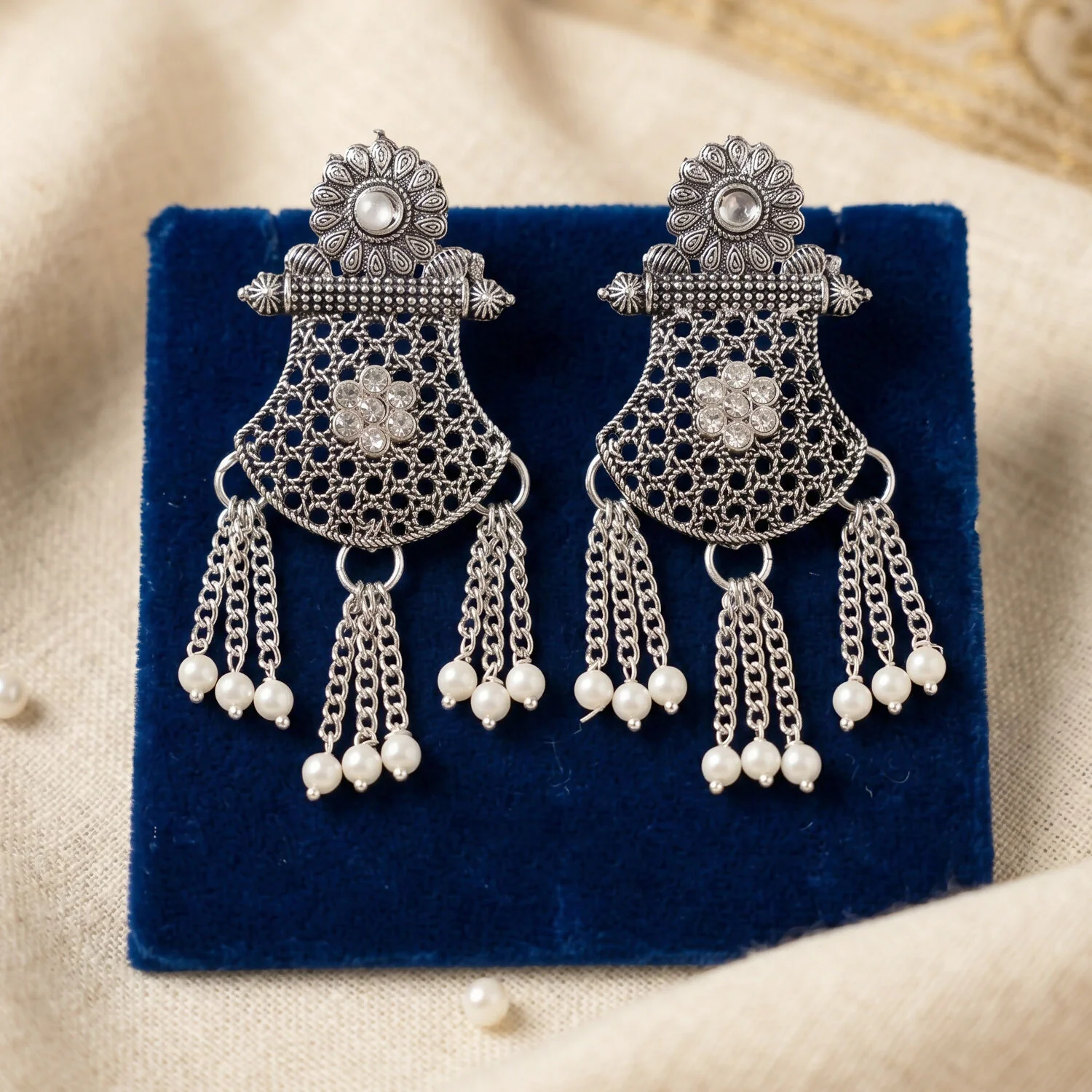 Traditional Silver Necklace with Ornate Pendant and Matching Earrings for Ethnic Wear - Image 4