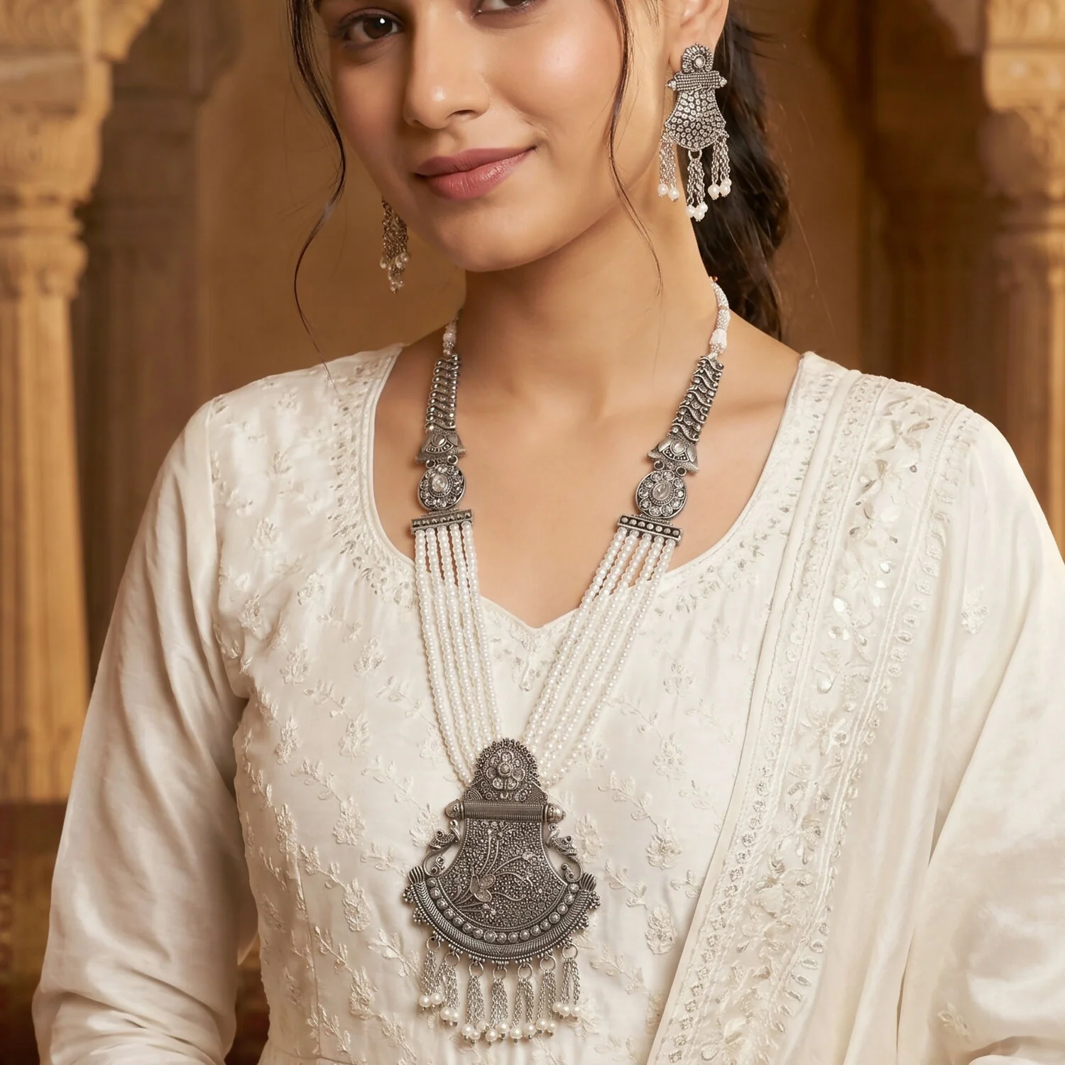 Traditional Silver Necklace with Ornate Pendant and Matching Earrings for Ethnic Wear - Image 5