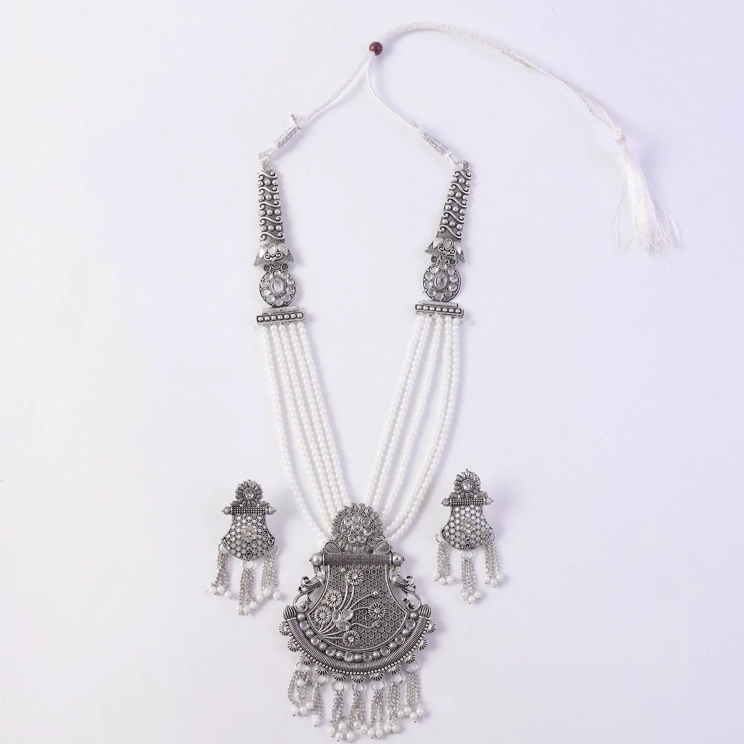 Traditional Silver Necklace with Ornate Pendant and Matching Earrings for Ethnic Wear - Image 6