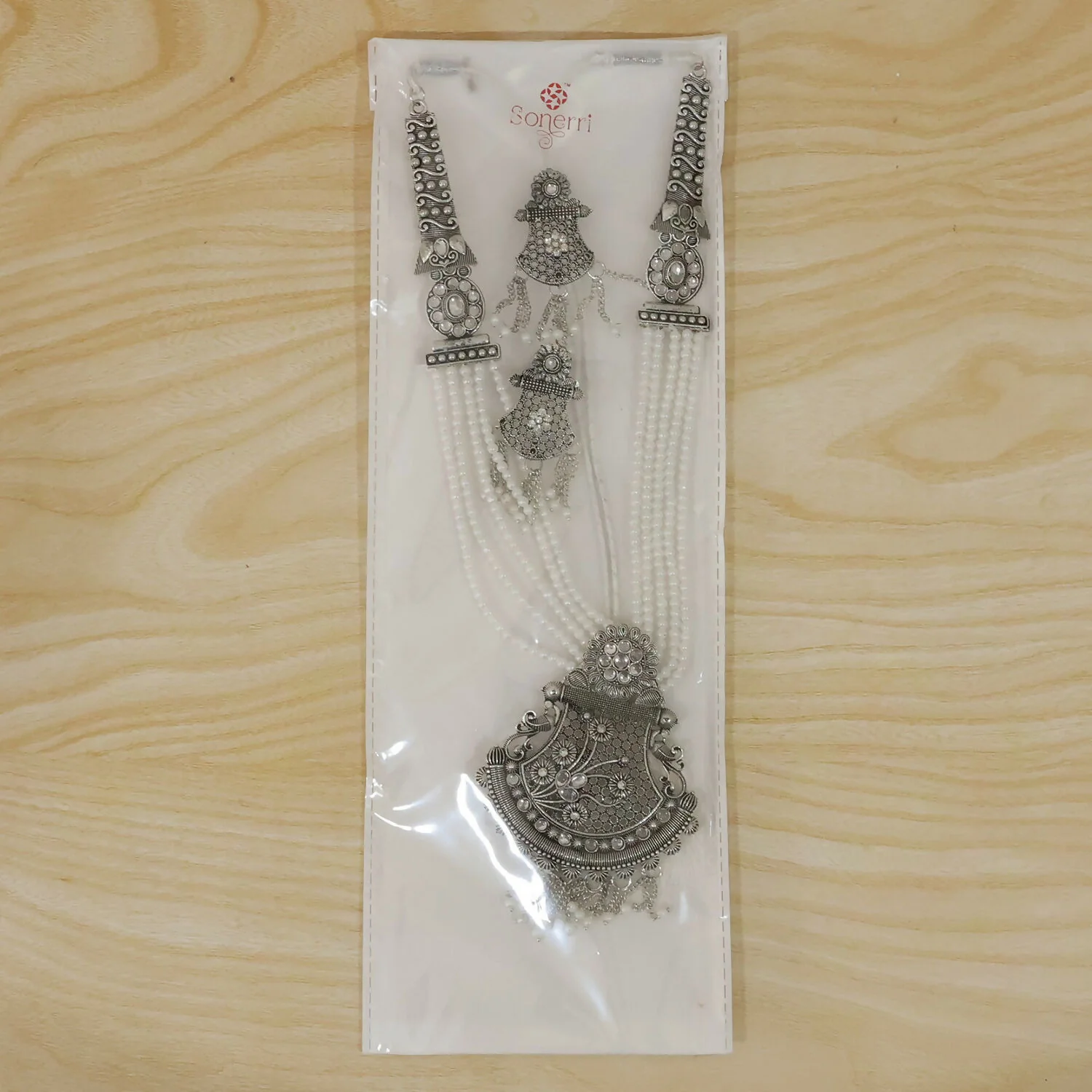 Traditional Silver Necklace with Ornate Pendant and Matching Earrings for Ethnic Wear - Image 7