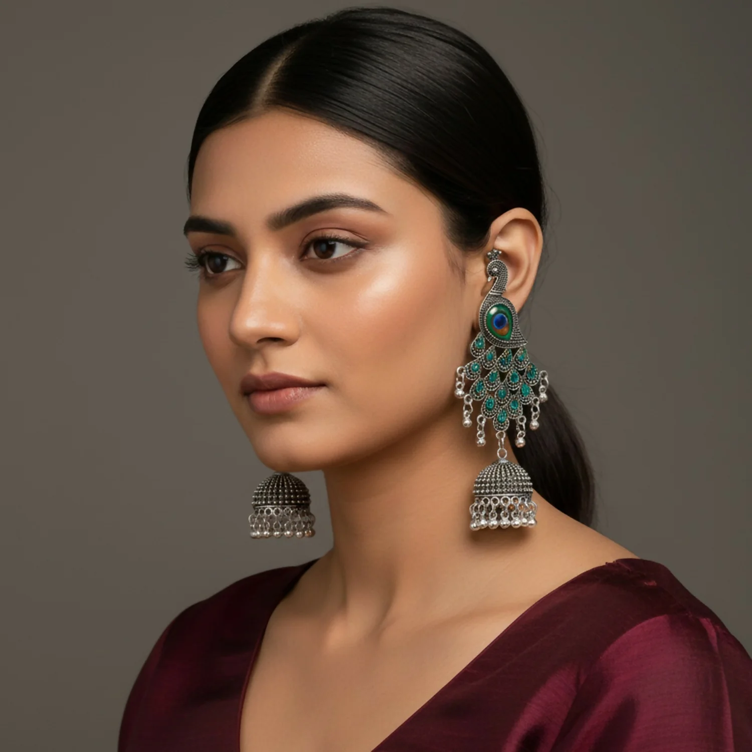 Traditional Silver Oxidized Peacock Jhumka Earrings - Image 2