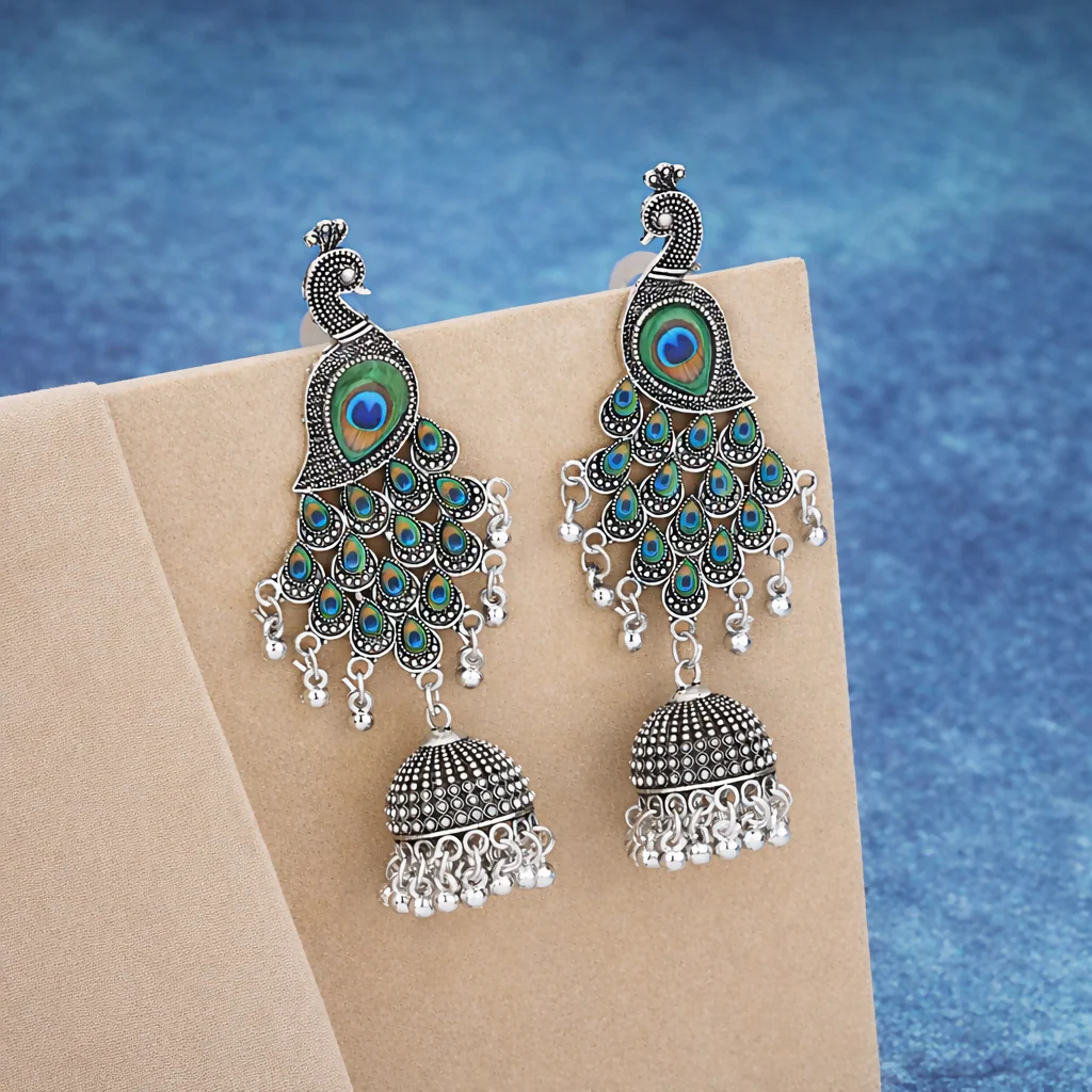 Traditional Silver Oxidized Peacock Jhumka Earrings - Image 3