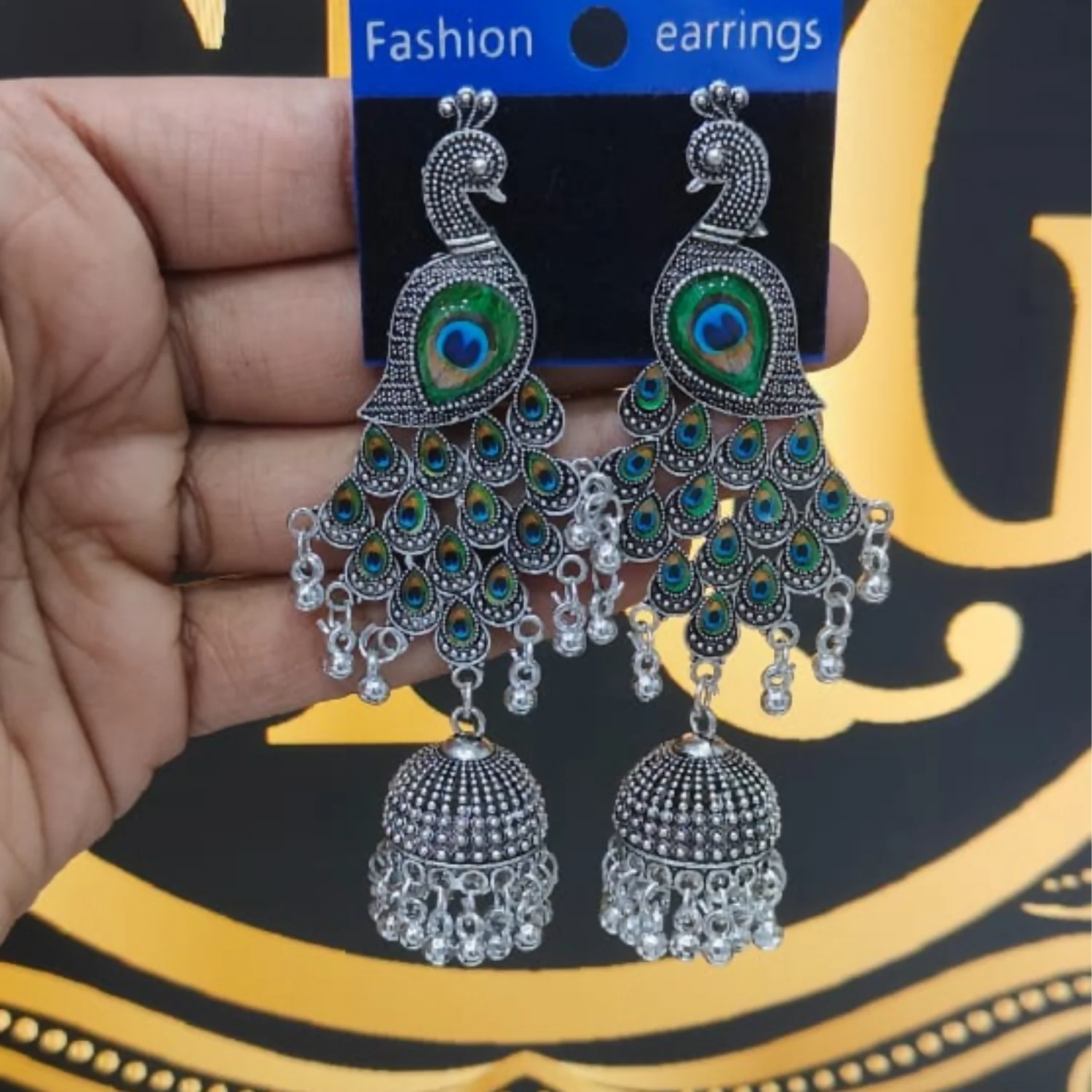 Traditional Silver Oxidized Peacock Jhumka Earrings - Image 4