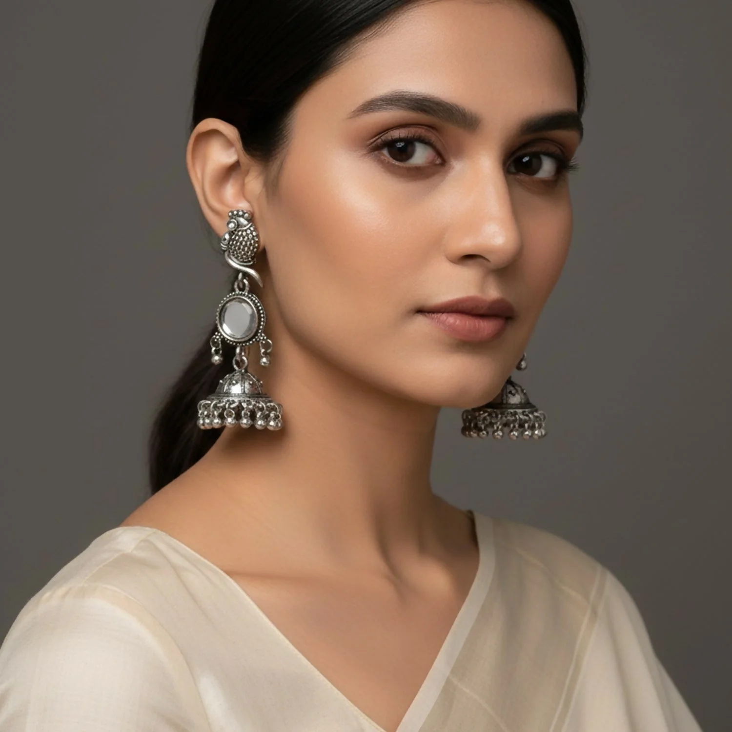 Traditional Silver Peacock Jhumka Earrings - Image 2