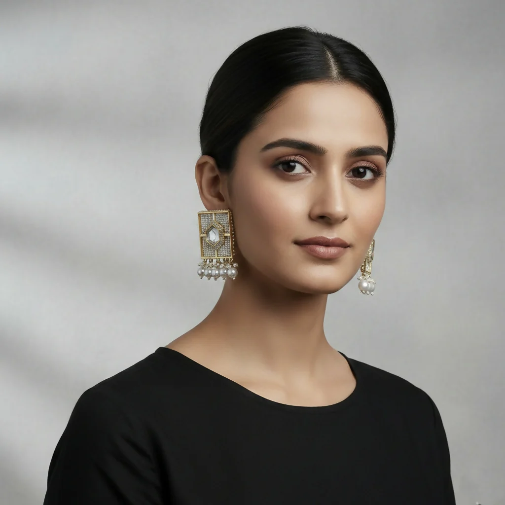 Traditional Silver-Toned Kundan & Pearl Encrusted Chandbali Jhumka Earrings - Image 2