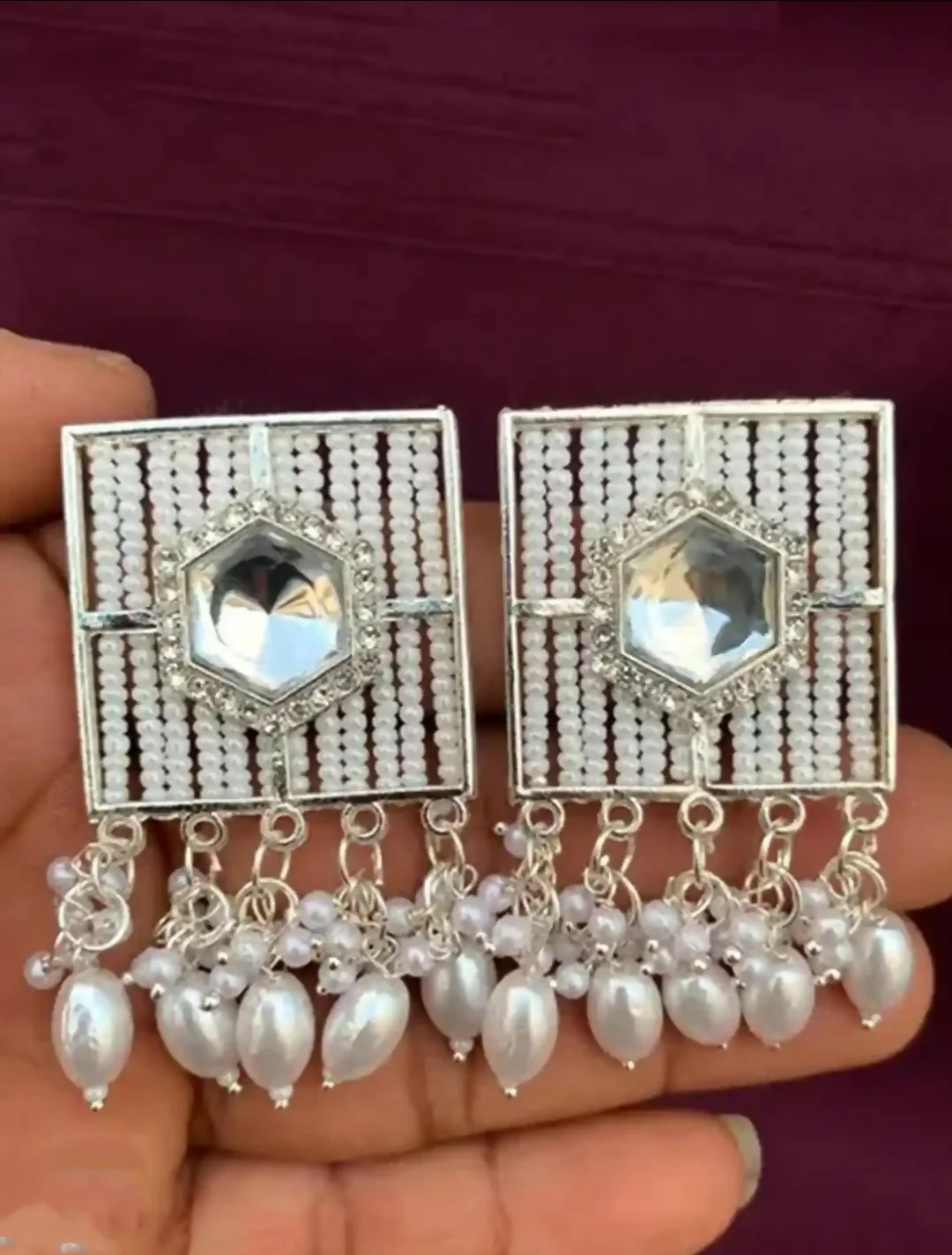 Traditional Silver-Toned Kundan & Pearl Encrusted Chandbali Jhumka Earrings - Image 3