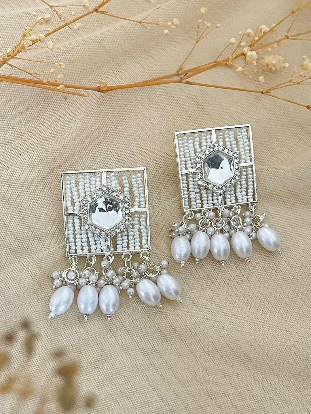 Traditional Silver-Toned Kundan & Pearl Encrusted Chandbali Jhumka Earrings - Image 4